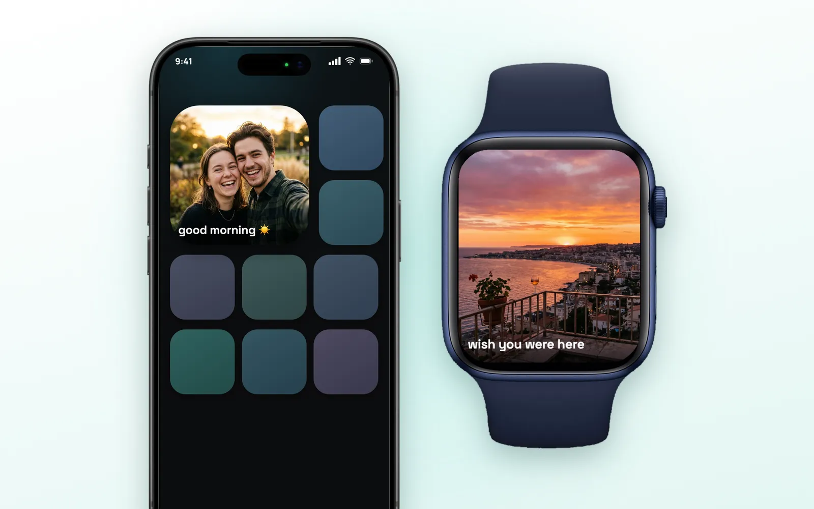 InstantWidget on Apple Watch showing the latest photo received from a partner next to the iPhone widget