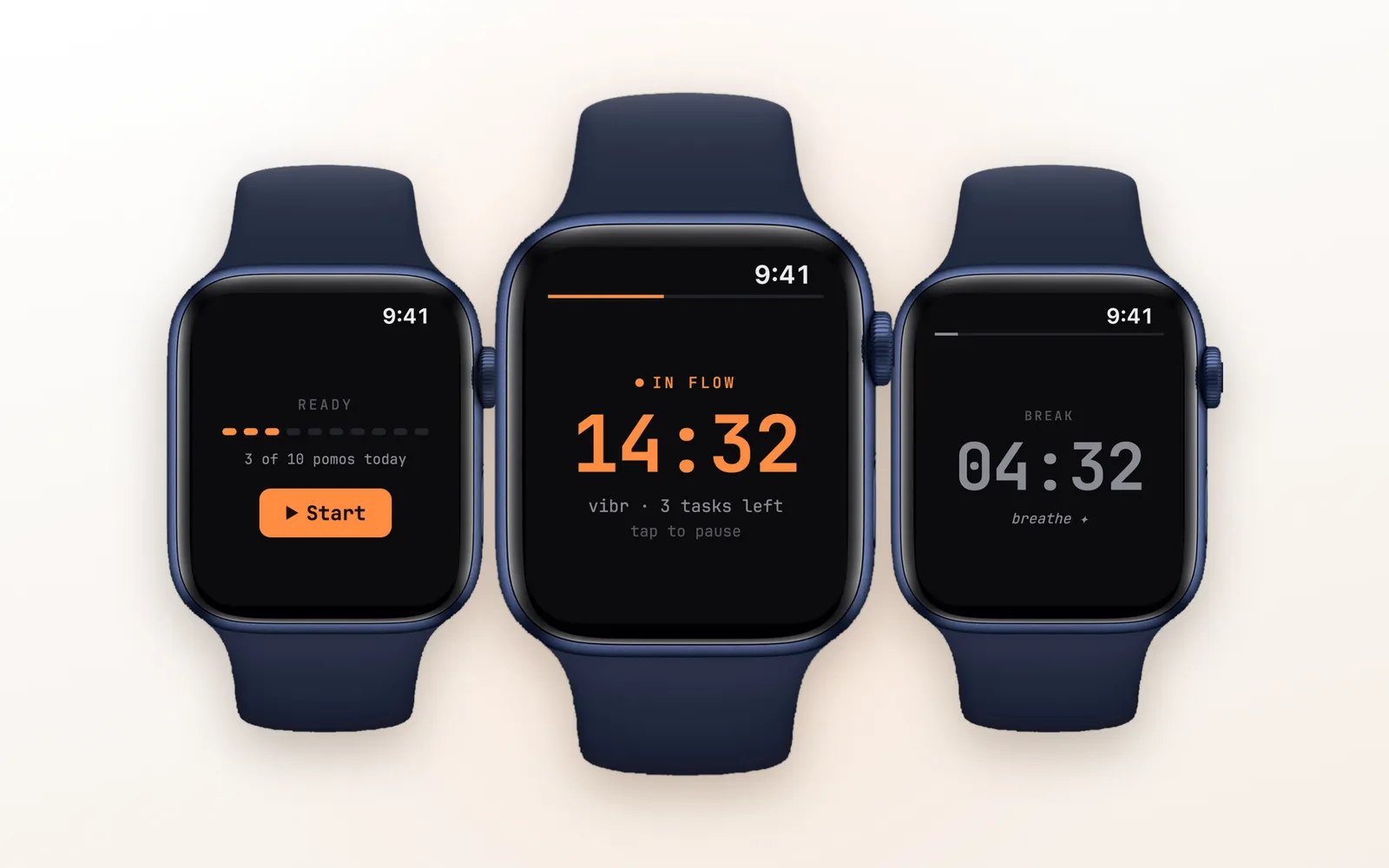 Vibr Pomodoro timer on Apple Watch showing the ready, focus and break screens