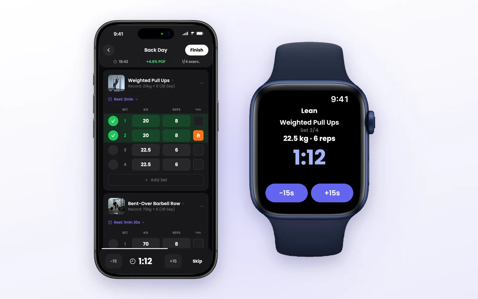 Lean rest timer on Apple Watch next to the iPhone workout screen showing the same set