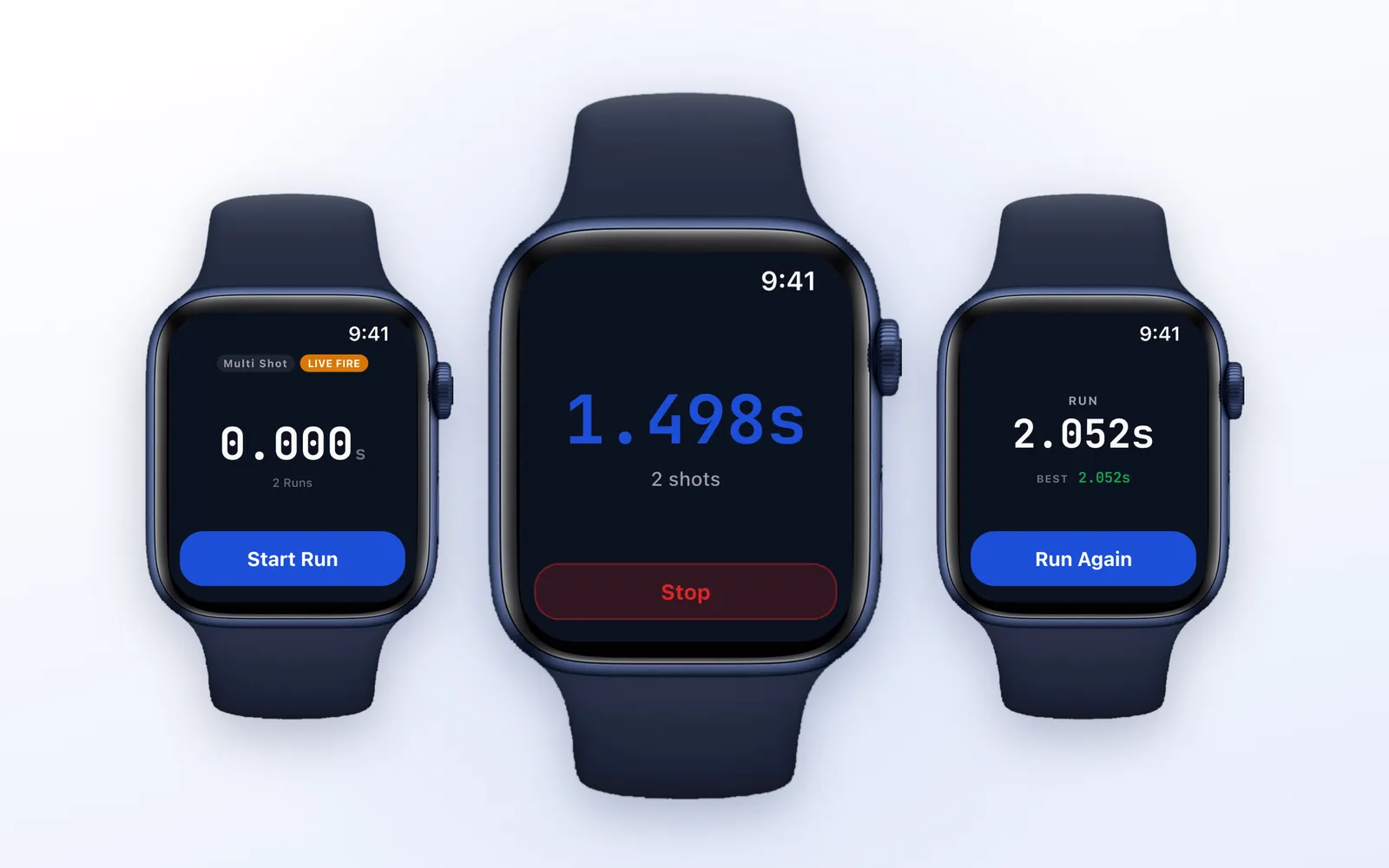 ShotSession Apple Watch app with the shot timer running, shot count and the run again button