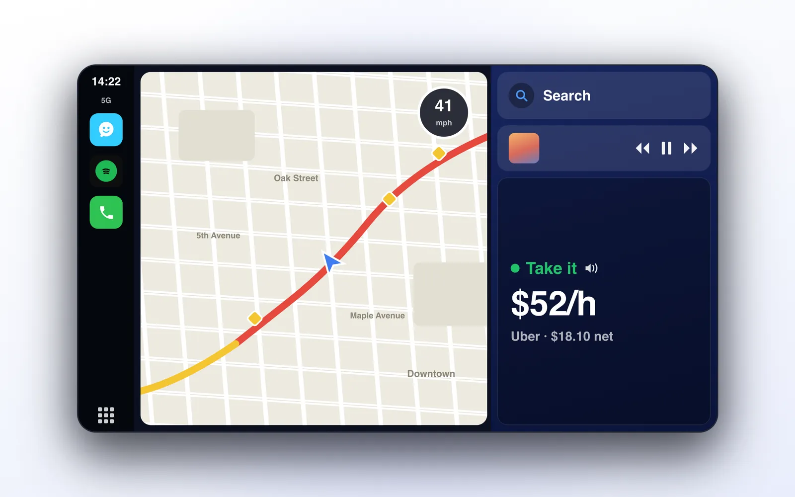 ProfitDriver verdict on the CarPlay screen showing take it and the profit per hour of a rideshare offer