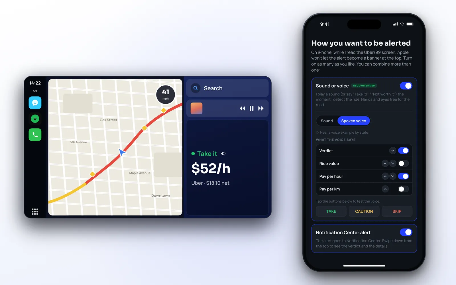 ProfitDriver verdict on CarPlay next to the voice alert settings on iPhone for rideshare offers
