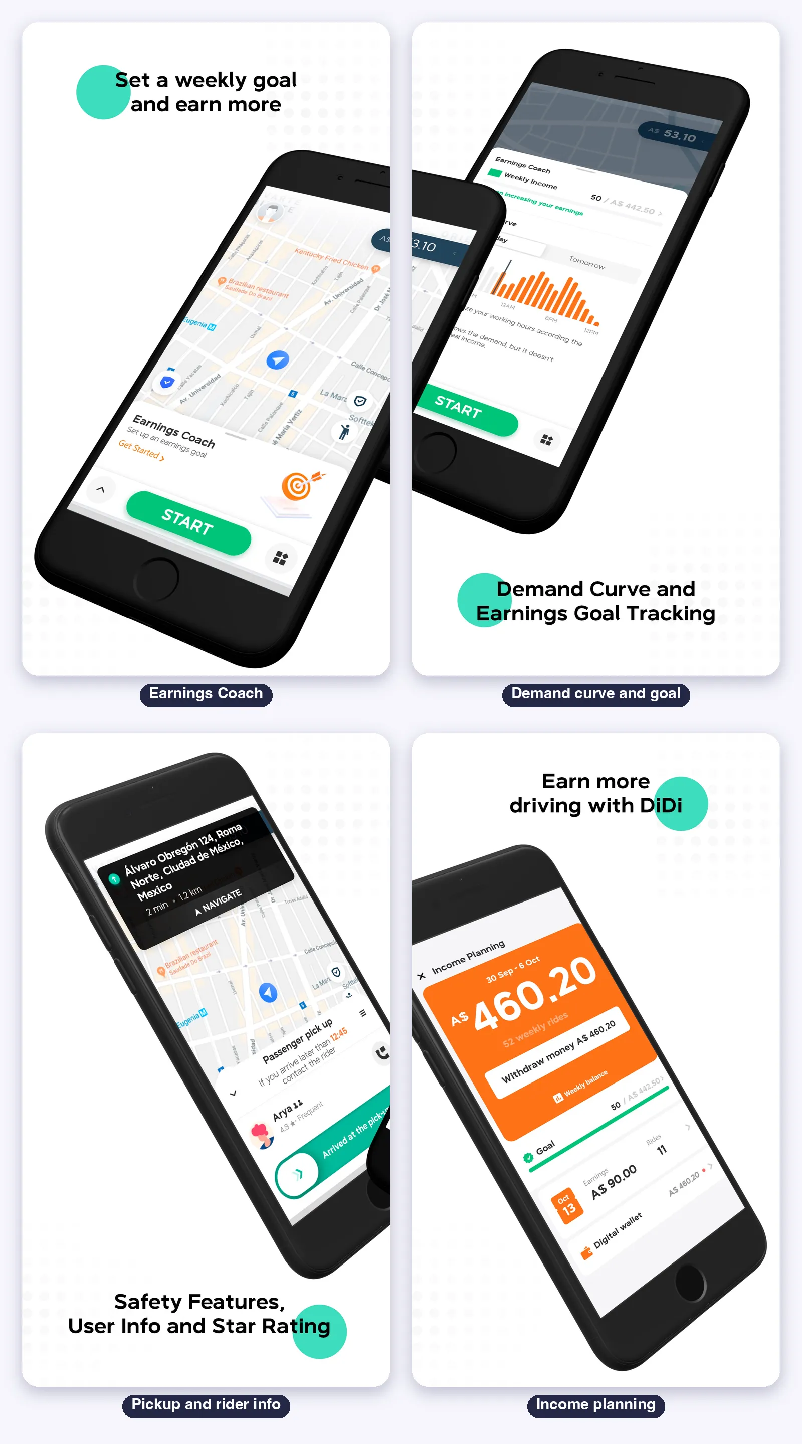 DiDi Driver screens: Earnings Coach, the demand curve and weekly goal, the pickup with rider info and income planning