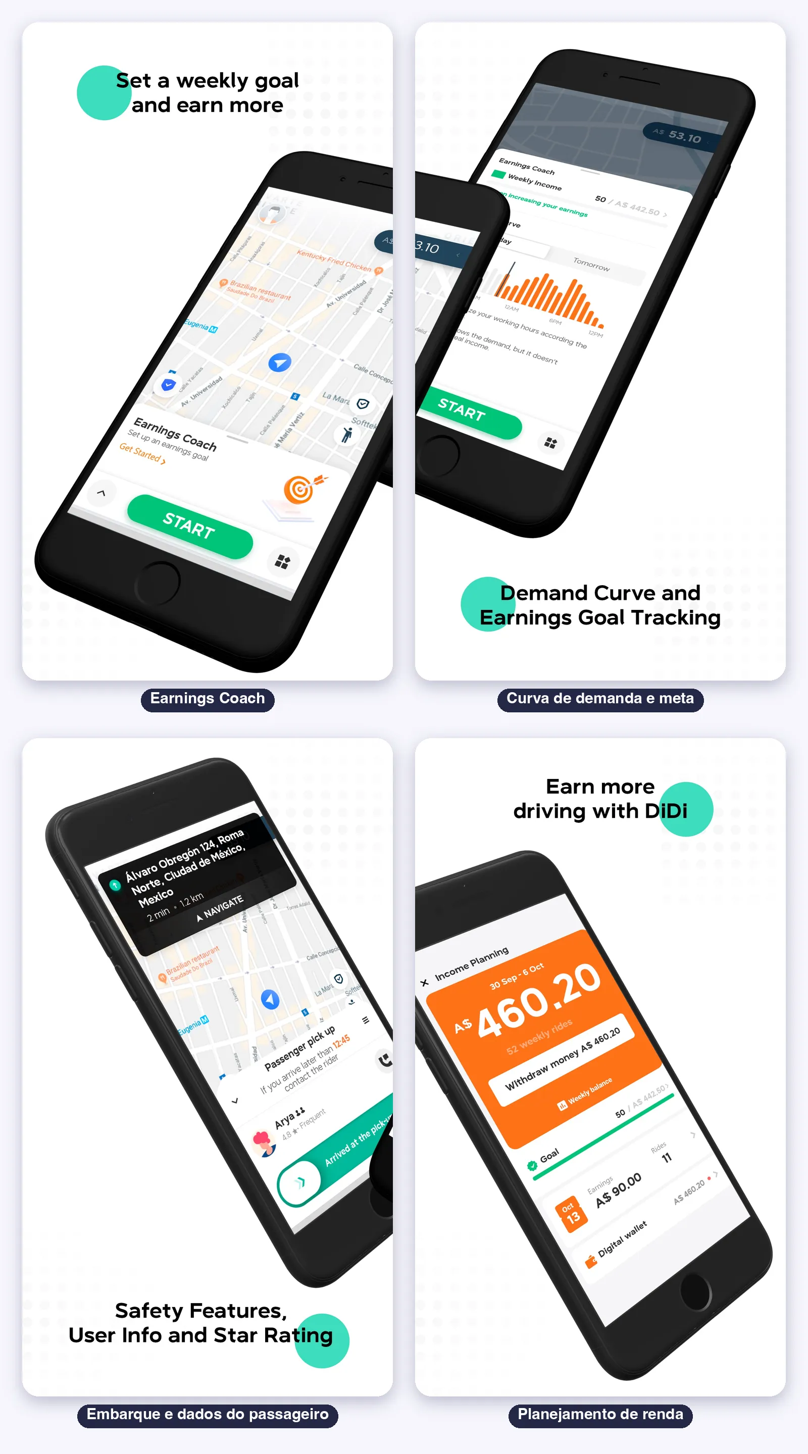 Telas do DiDi Driver: o Earnings Coach, a curva de demanda e a meta semanal, o embarque com dados do passageiro e o planejamento de renda