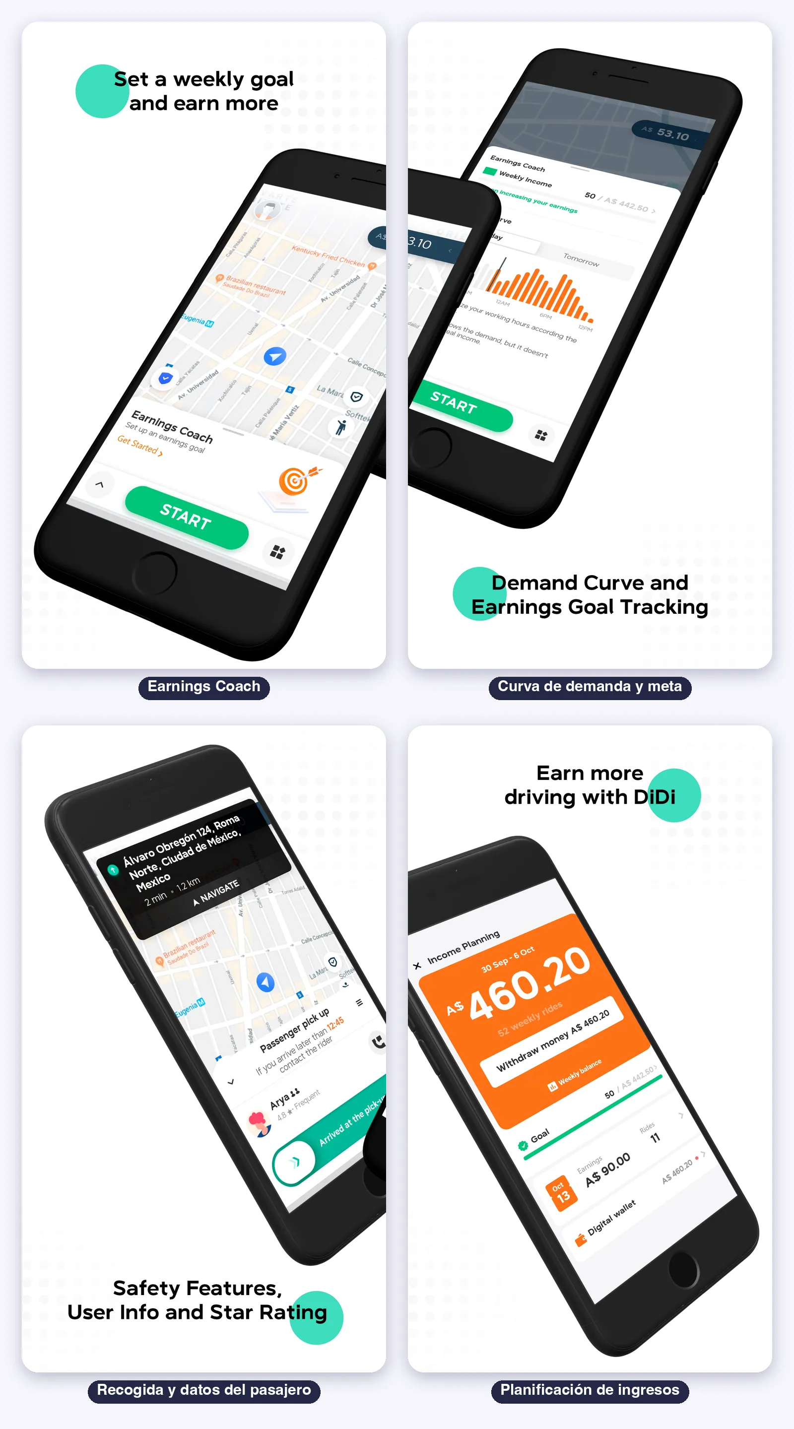 Pantallas de DiDi Driver: el Earnings Coach, la curva de demanda y la meta semanal, la recogida con datos del pasajero y la planificación de ingresos