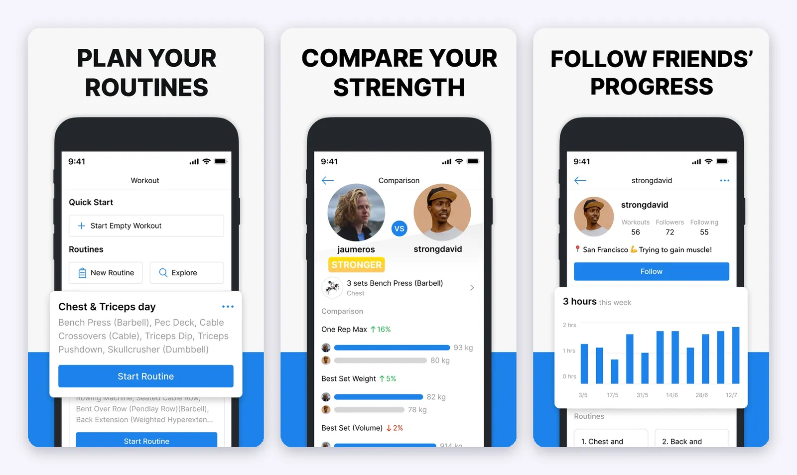 Hevy on iPhone with the routines screen, the strength comparison between two users and a friend's profile with the hours of training chart