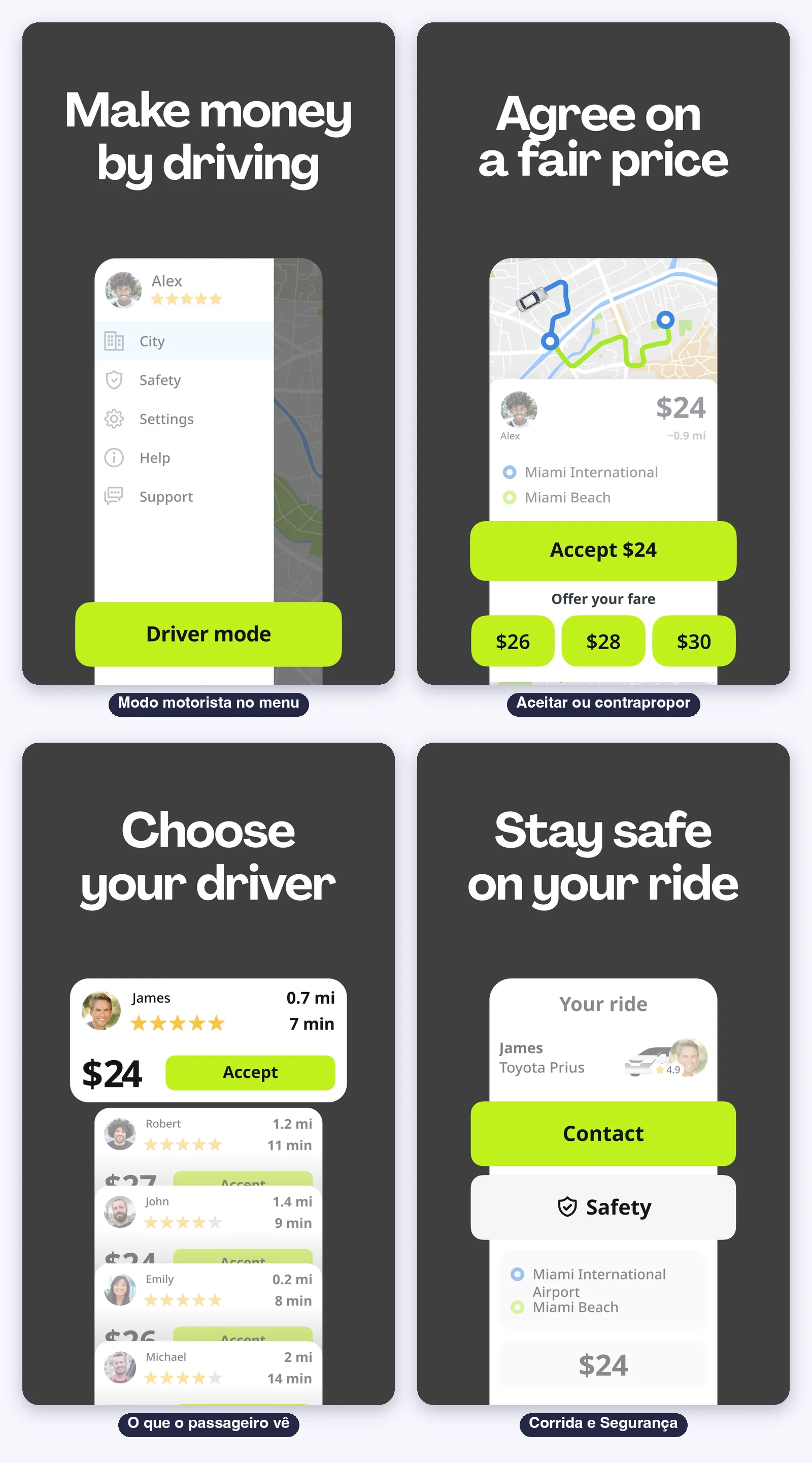 Telas do inDrive: o modo motorista no menu lateral, aceitar ou contrapropor o valor, o que o passageiro vê e a corrida com Segurança