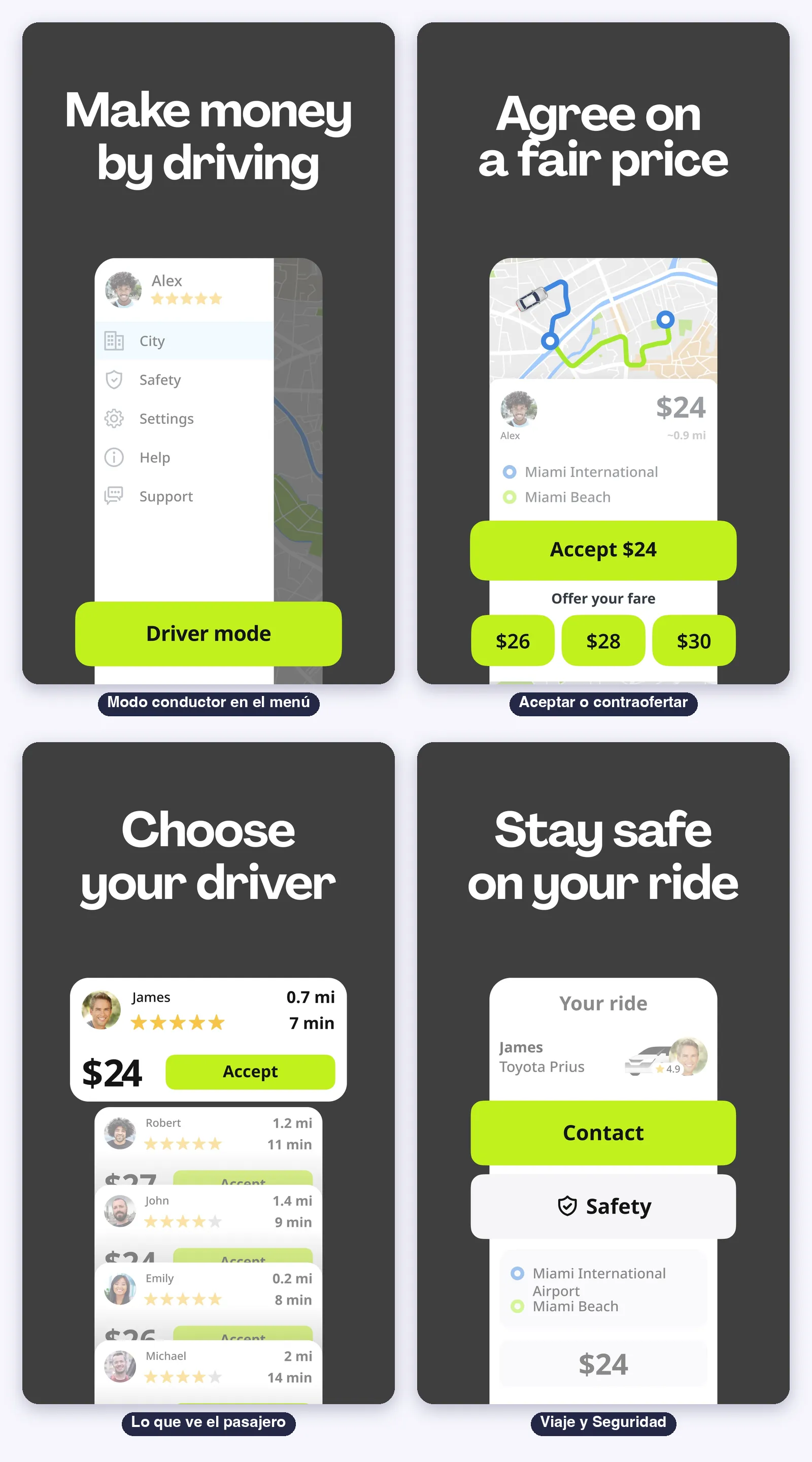 Pantallas de inDrive: el modo conductor en el menú lateral, aceptar o contraofertar la tarifa, lo que ve el pasajero y el viaje con Seguridad