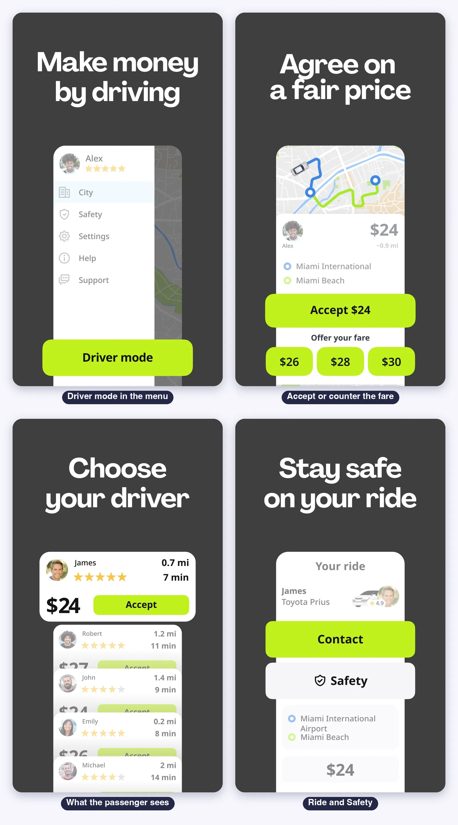 inDrive screens: Driver mode in the side menu, accepting or countering the fare, what the passenger sees and the ride with Safety