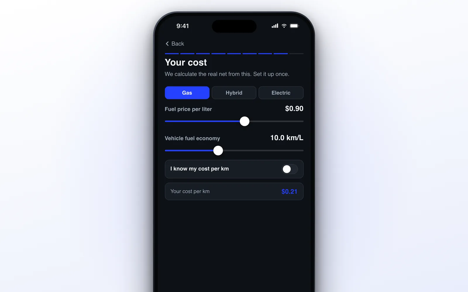 ProfitDriver cost per km setup on iPhone for gas, hybrid and electric cars with fuel price and fuel economy