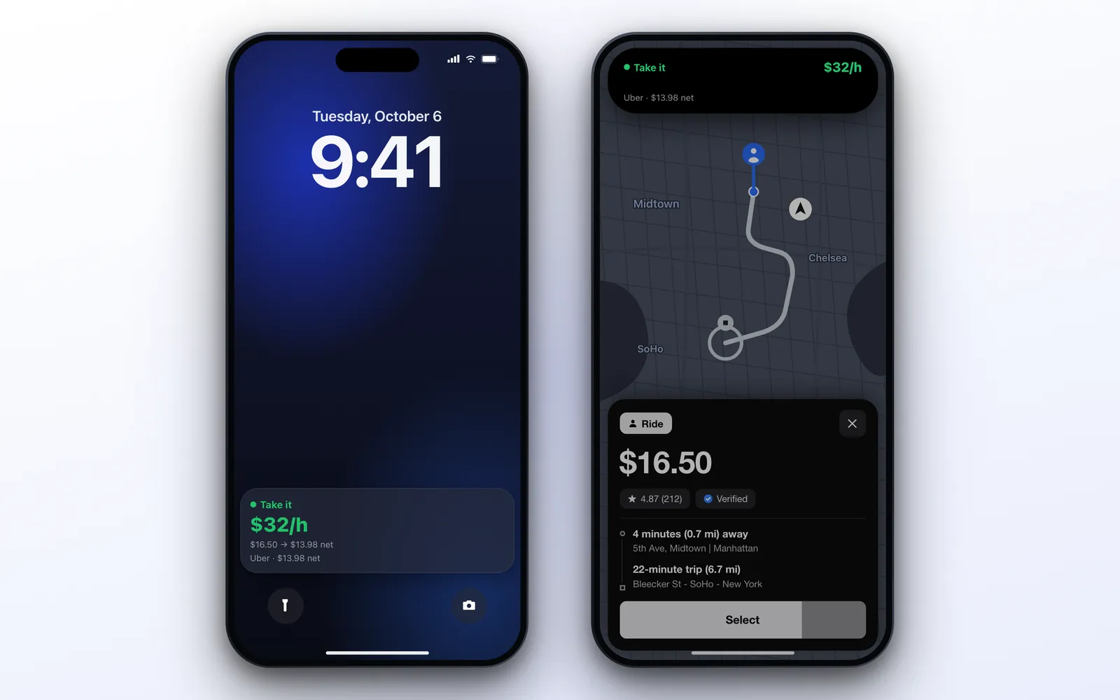 ProfitDriver Live Activity on the iPhone lock screen and Dynamic Island showing the verdict and profit per hour of an Uber offer