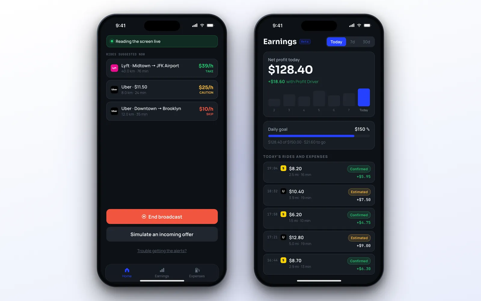 ProfitDriver on iPhone: the offers read in the session next to the Earnings tab with net profit today and the daily goal