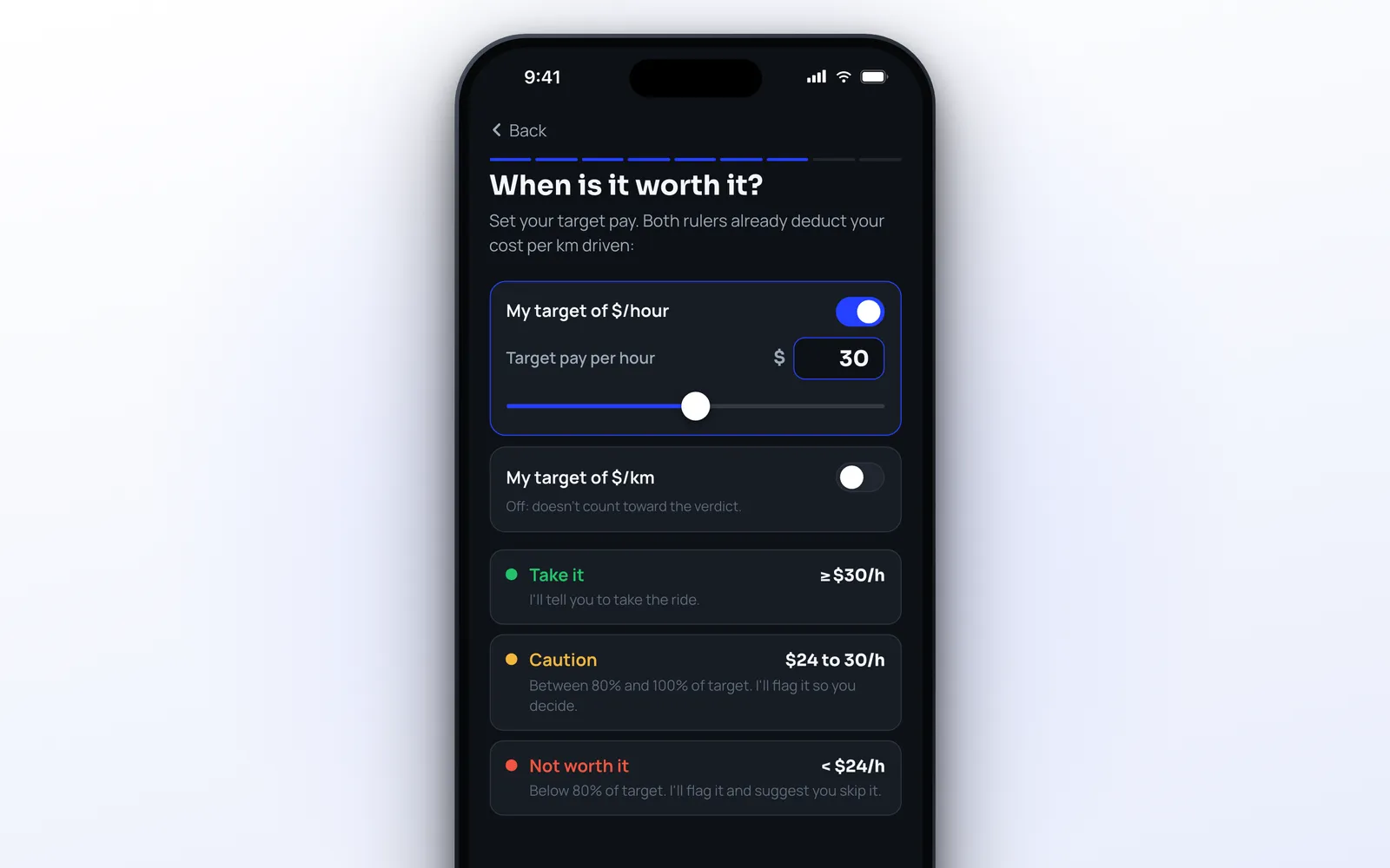 Setting the target pay per hour for rideshare rides in ProfitDriver on iPhone with take it, caution and not worth it ranges