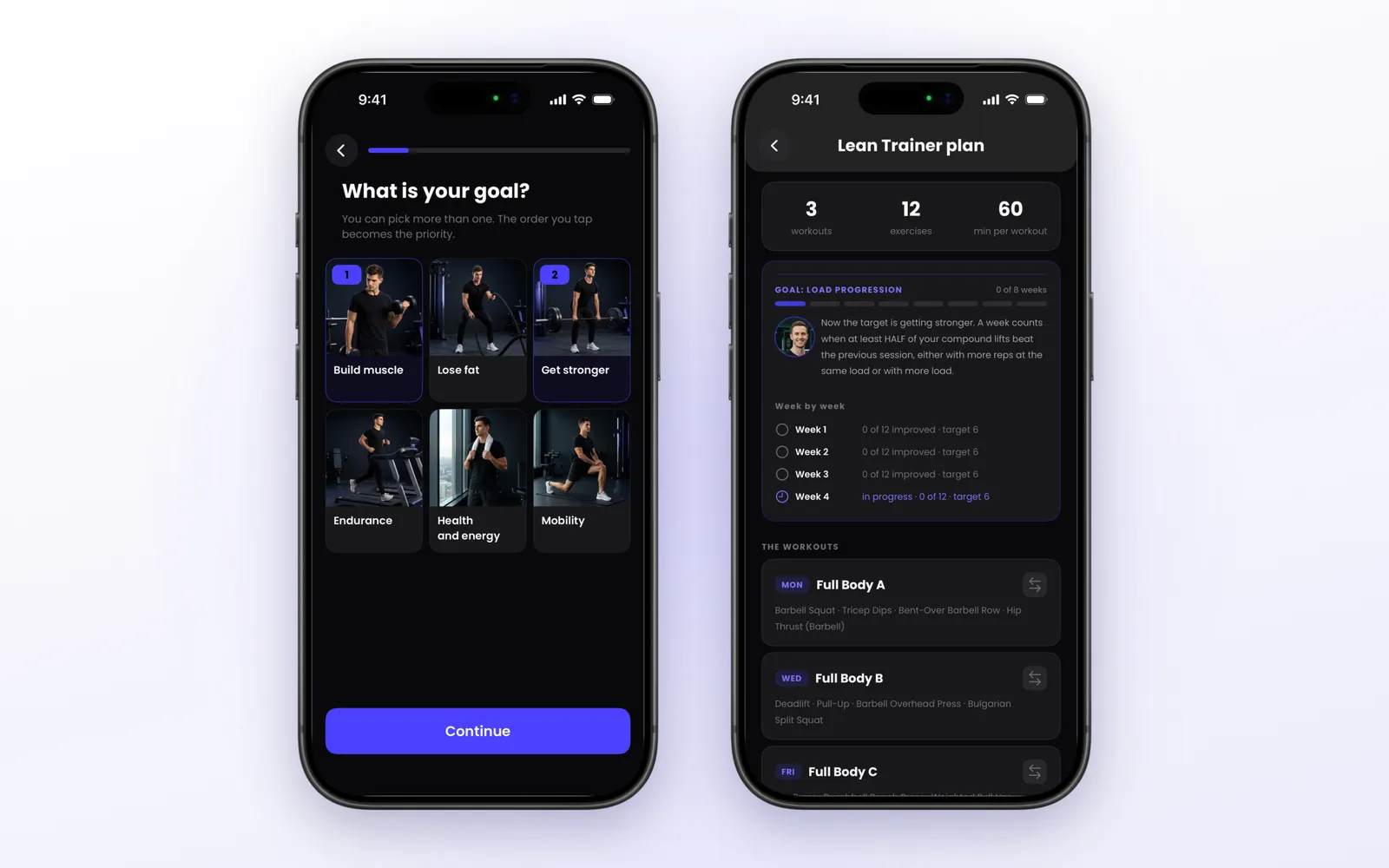 Lean Trainer on iPhone asking for the training goal and showing the weekly plan with a load progression target