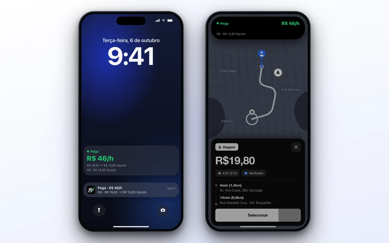 Atividade ao vivo do Corrida Lucrativa na tela de bloqueio do iPhone com o veredito da corrida, ao lado da notificação e da Dynamic Island