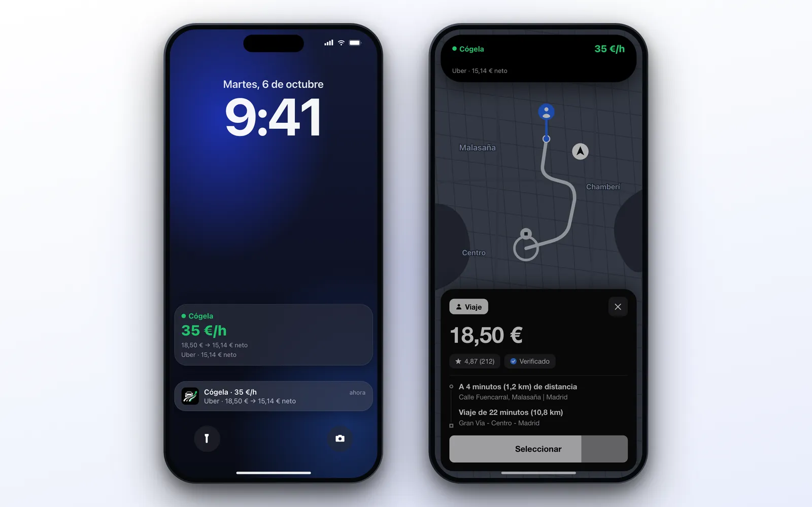 ProfitDriver en iPhone: el banner de la actividad en directo en la pantalla de bloqueo con la notificación debajo, y el veredicto en la Dynamic Island para conductores