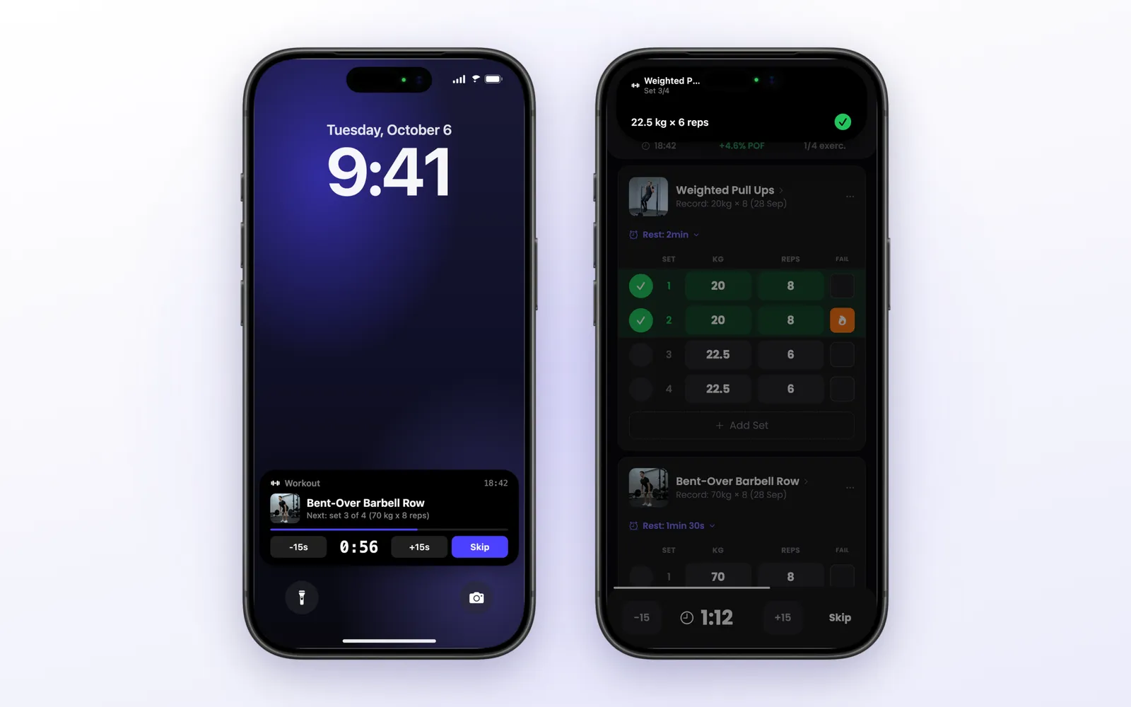 Lean workout Live Activity on the iPhone lock screen with rest timer buttons and the Dynamic Island showing the current set