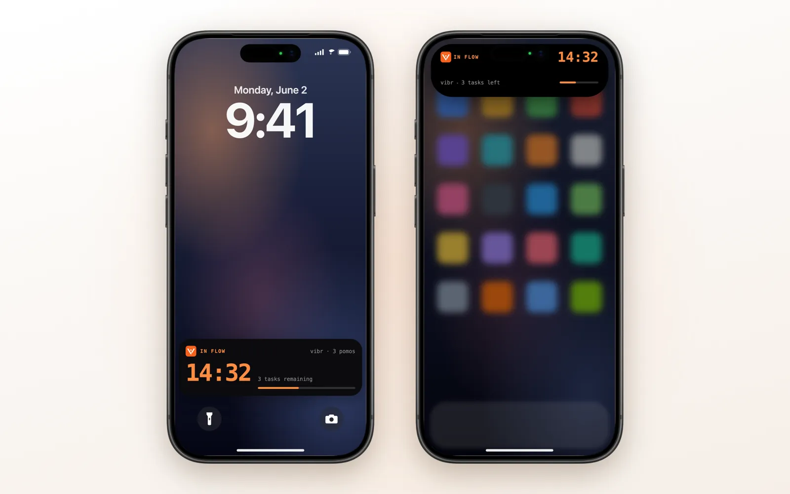Vibr Pomodoro timer as a Live Activity on the iPhone lock screen and in the Dynamic Island