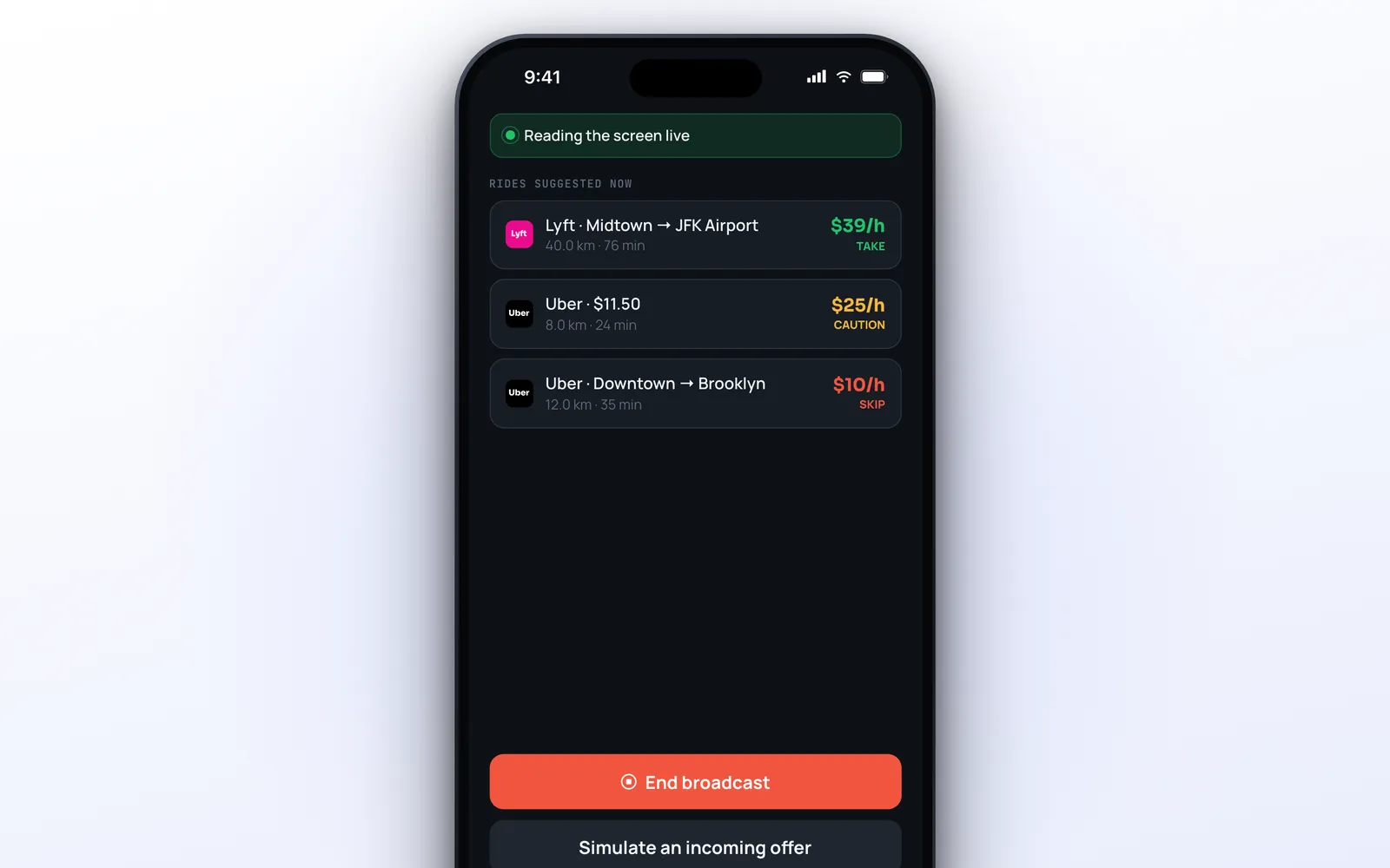 ProfitDriver reading rideshare offers live on iPhone with take, caution and skip verdicts for Lyft and Uber rides
