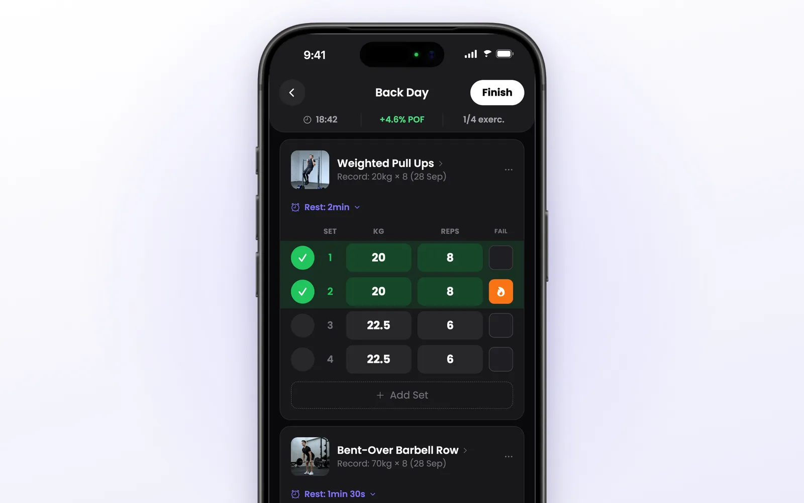 Logging sets, weight and reps with the rest timer in the Lean gym workout tracker on iPhone