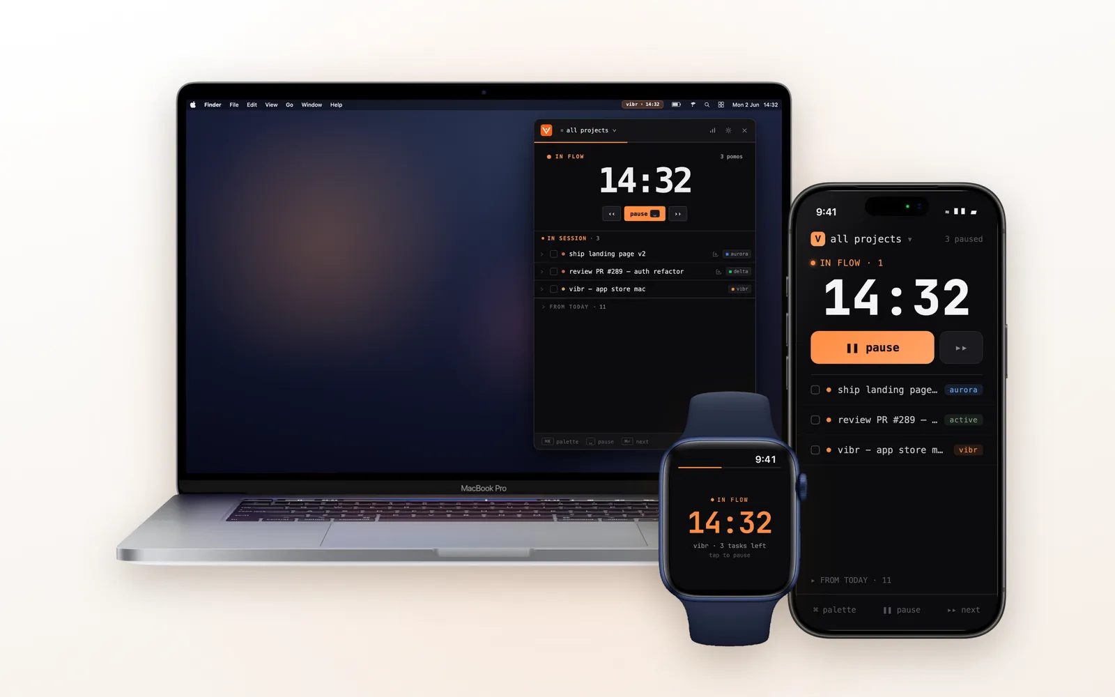 The same Vibr Pomodoro session synced over iCloud on Mac, iPhone and Apple Watch