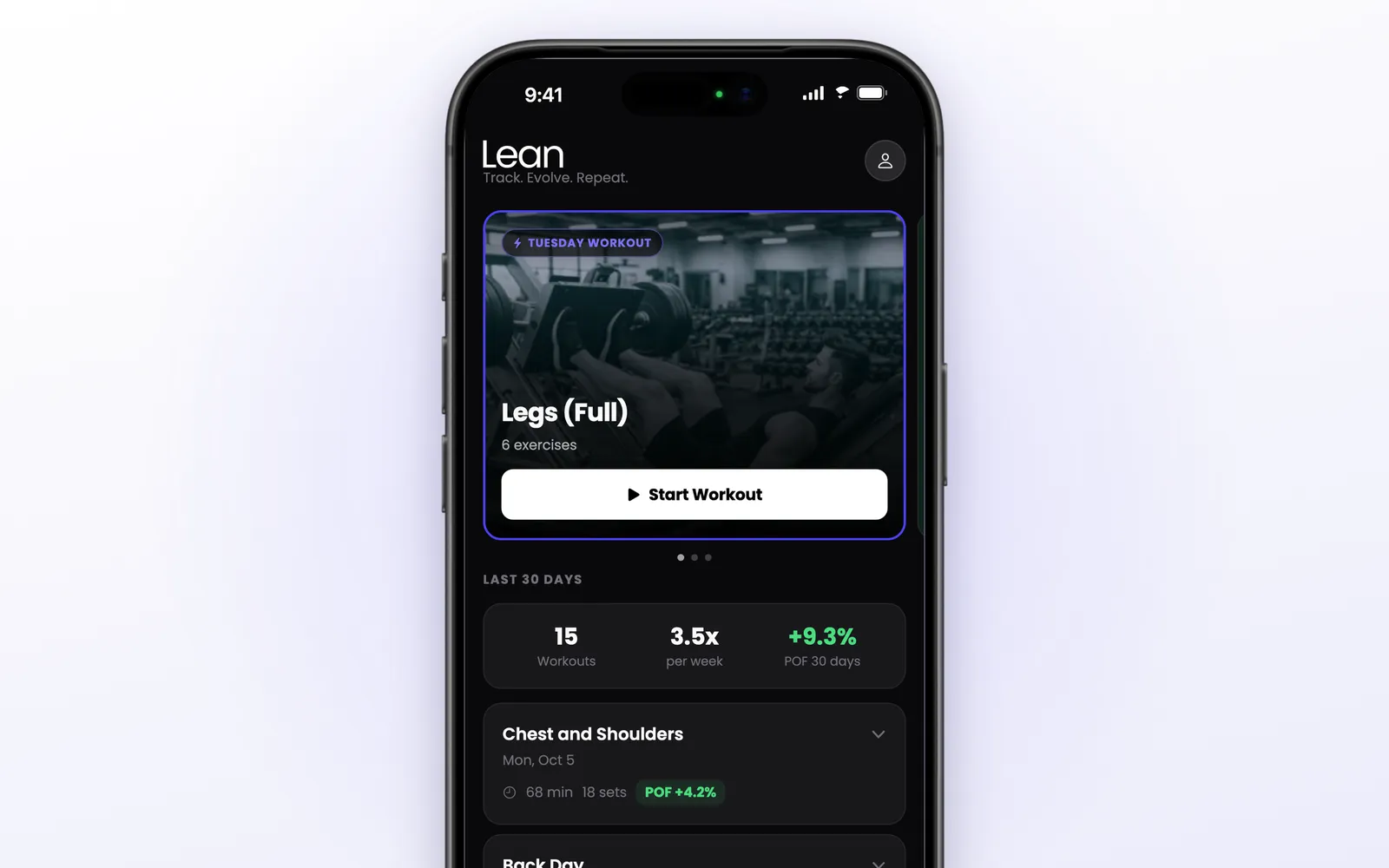 Lean gym workout tracker on iPhone showing the POF progressive overload score for the last 30 days