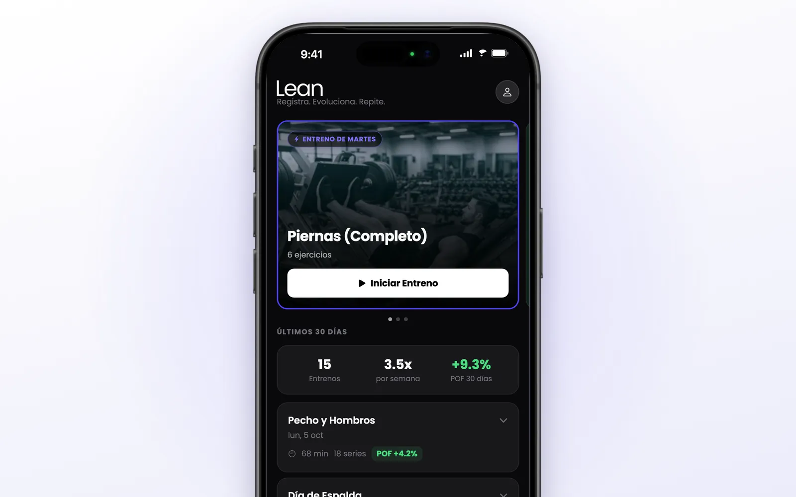 App de entrenamiento Lean en iPhone con la nota POF de sobrecarga progresiva de cada entreno y de los últimos 30 días