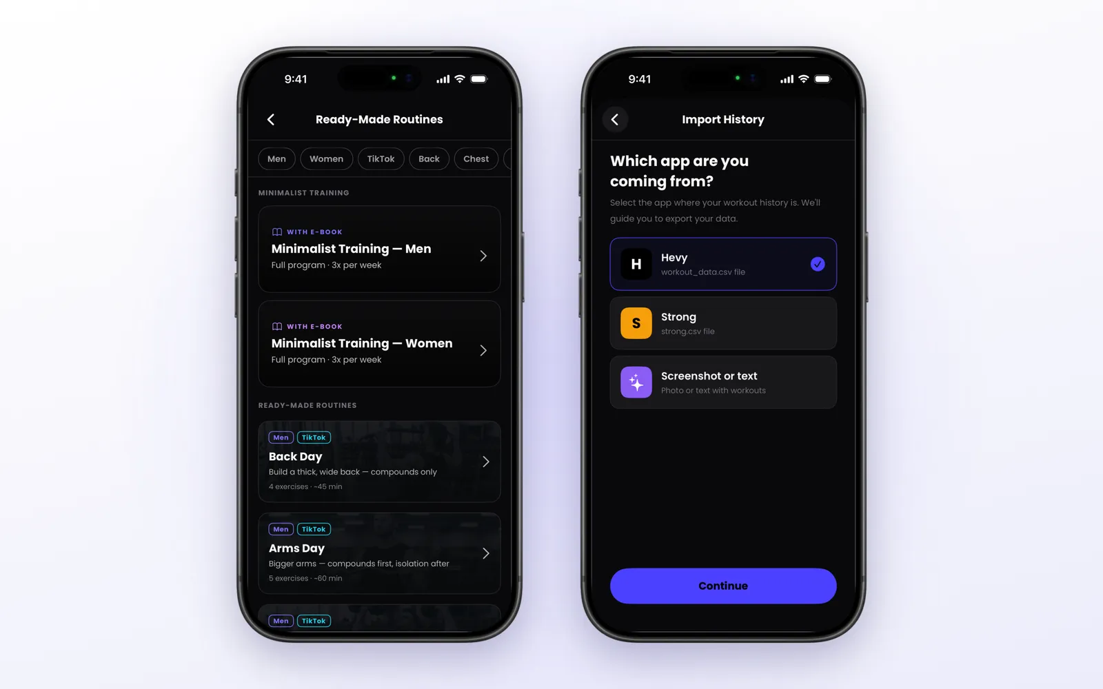 Ready-made gym routines and workout history import from Hevy and Strong in the Lean app on iPhone