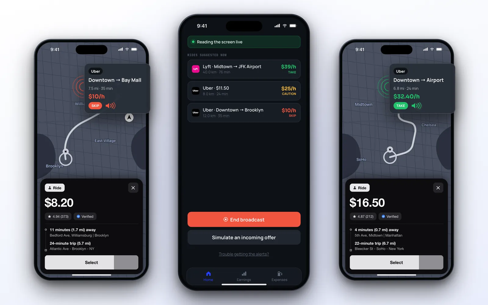 ProfitDriver reading rideshare offers and showing take, caution and skip verdicts