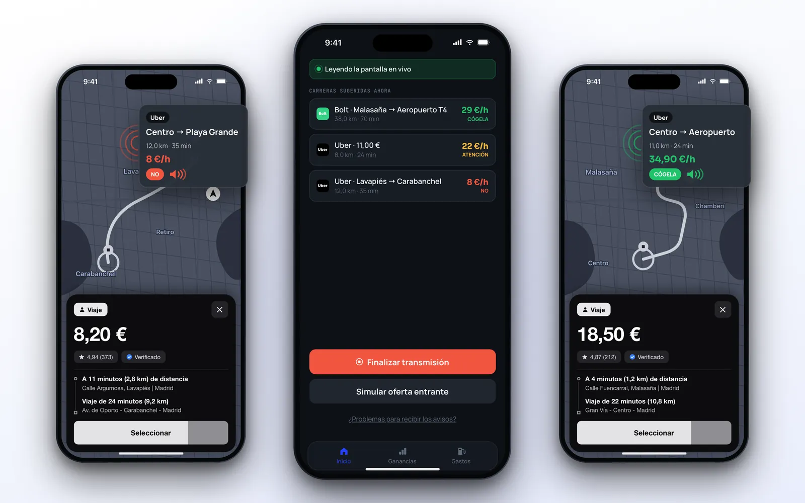 ProfitDriver en iPhone leyendo ofertas de viajes y mostrando los veredictos cógela, atención y no con el beneficio por hora