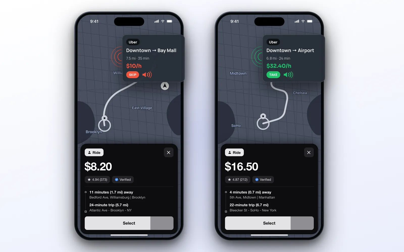 ProfitDriver verdict on two rideshare offers on iPhone: one not worth it at 10 dollars per hour and one worth taking at 32 dollars per hour