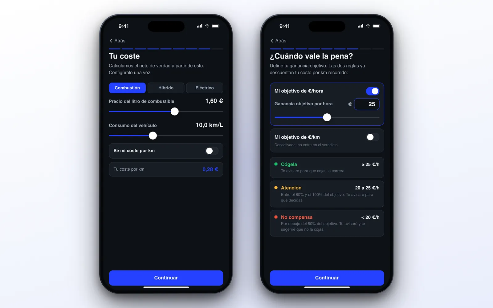 Configuración del coste real por km y de la meta de ganancia por hora en ProfitDriver en iPhone para conductores