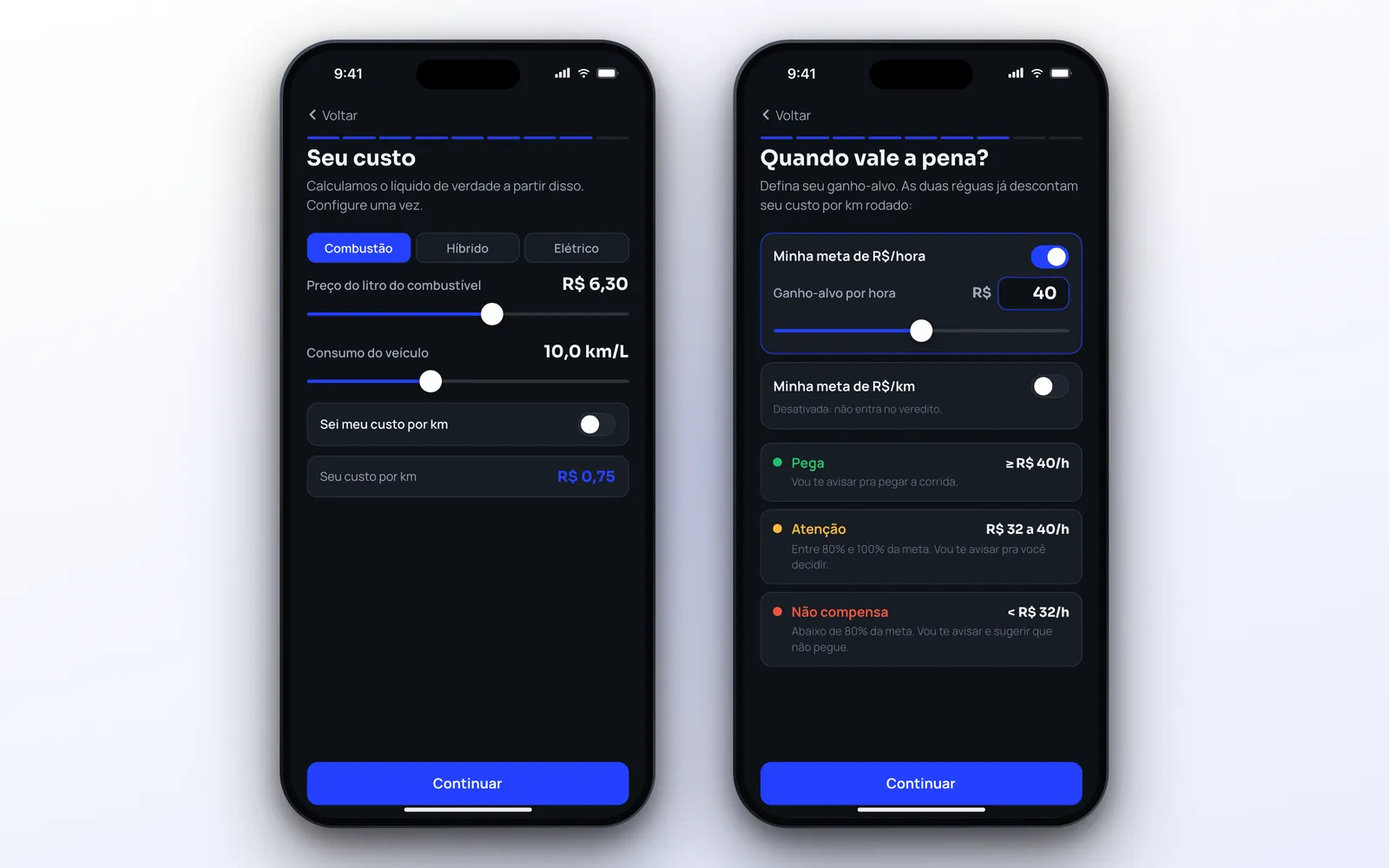 Configuração do custo real por km e da meta de ganho por hora na Corrida Lucrativa no iPhone para motorista de aplicativo