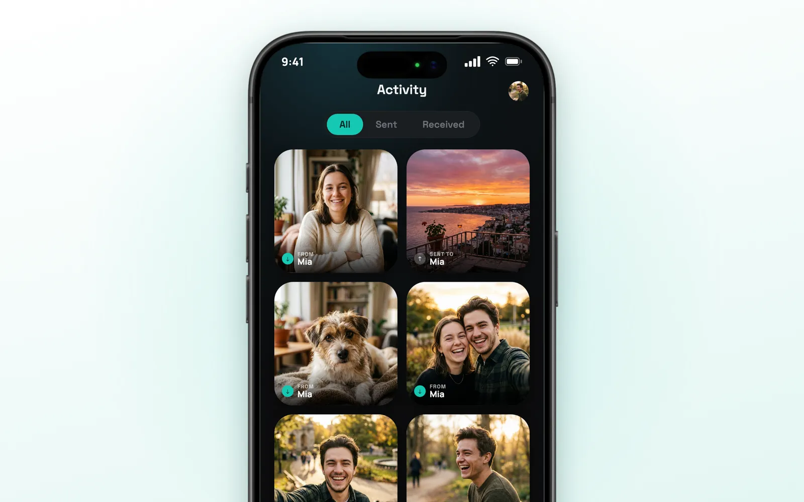 InstantWidget activity screen on iPhone with the history of photos sent and received between two people