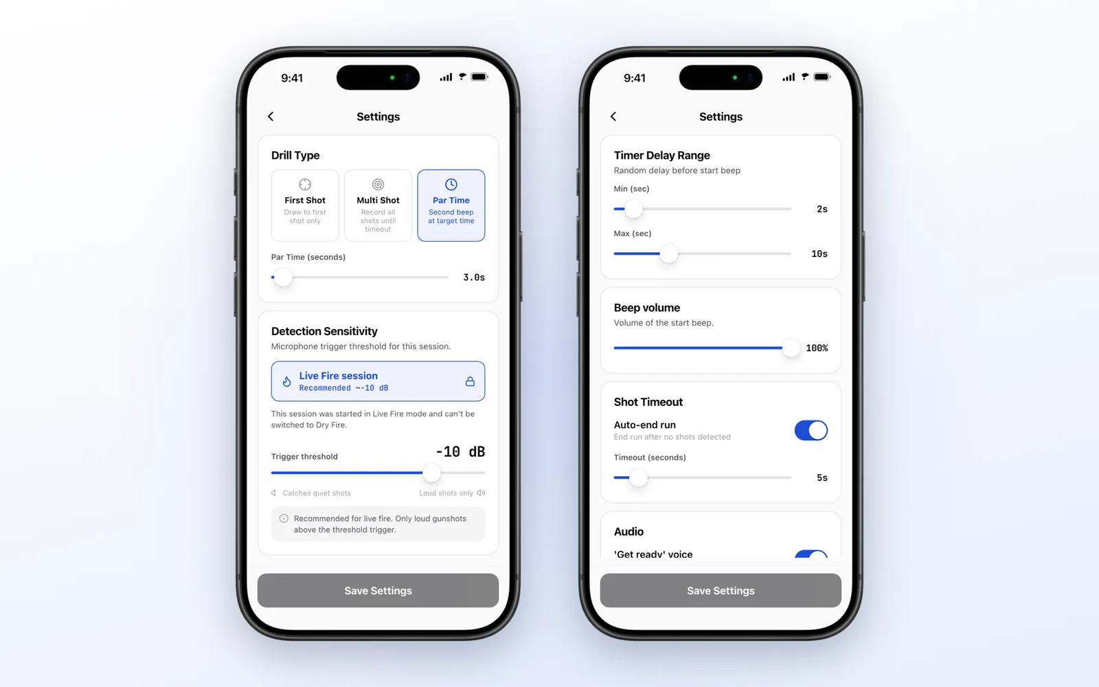 ShotSession shot timer settings on iPhone with par time, first shot and multi shot drills and the random start delay