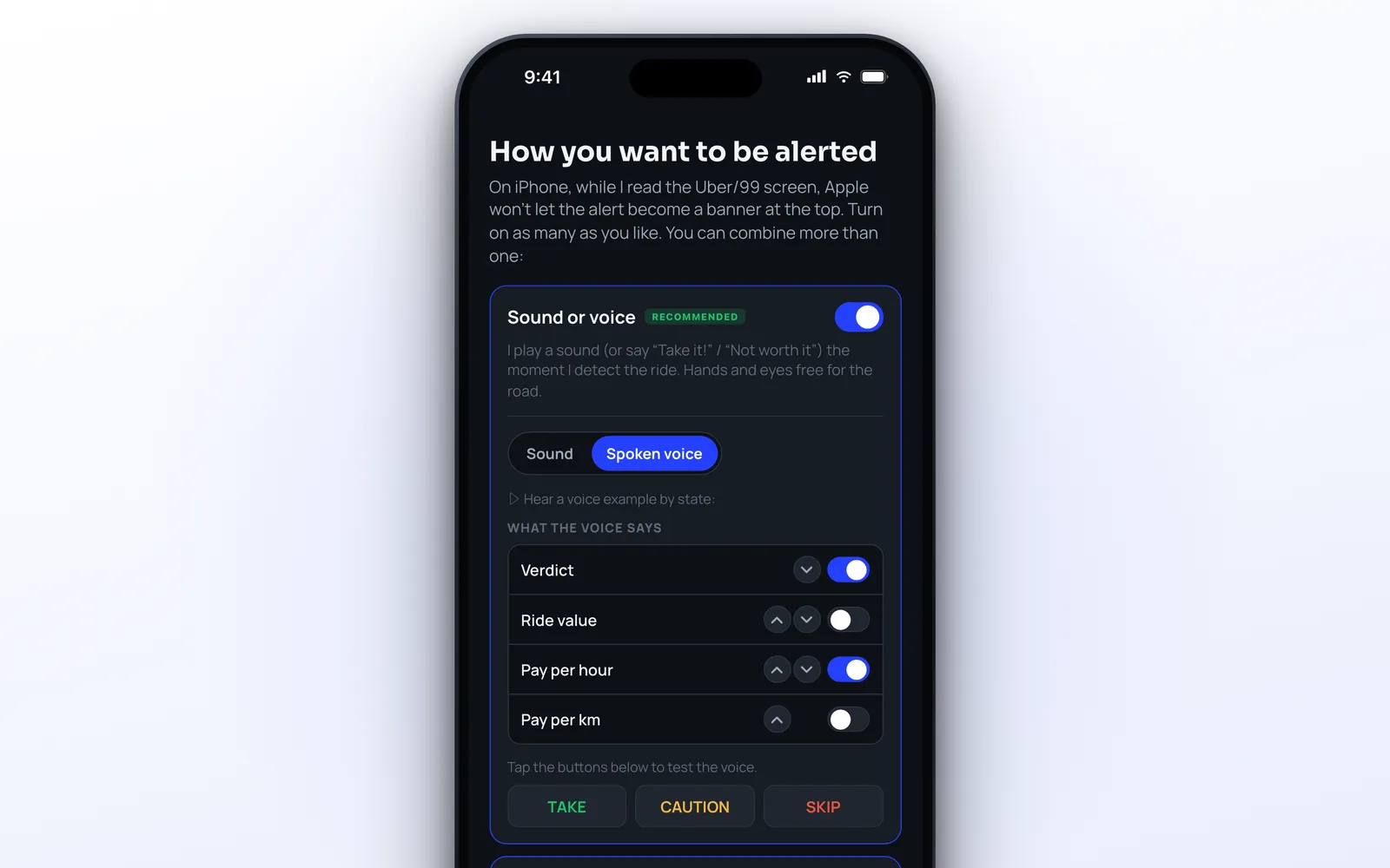 ProfitDriver voice alert settings on iPhone choosing what the voice says for each rideshare offer verdict