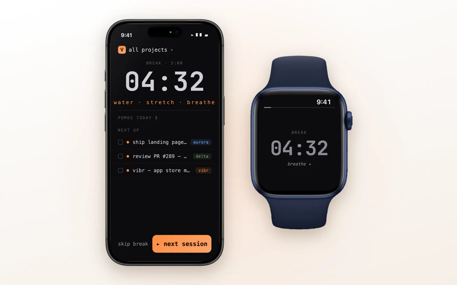 Vibr Pomodoro break screen on iPhone and Apple Watch with the break countdown