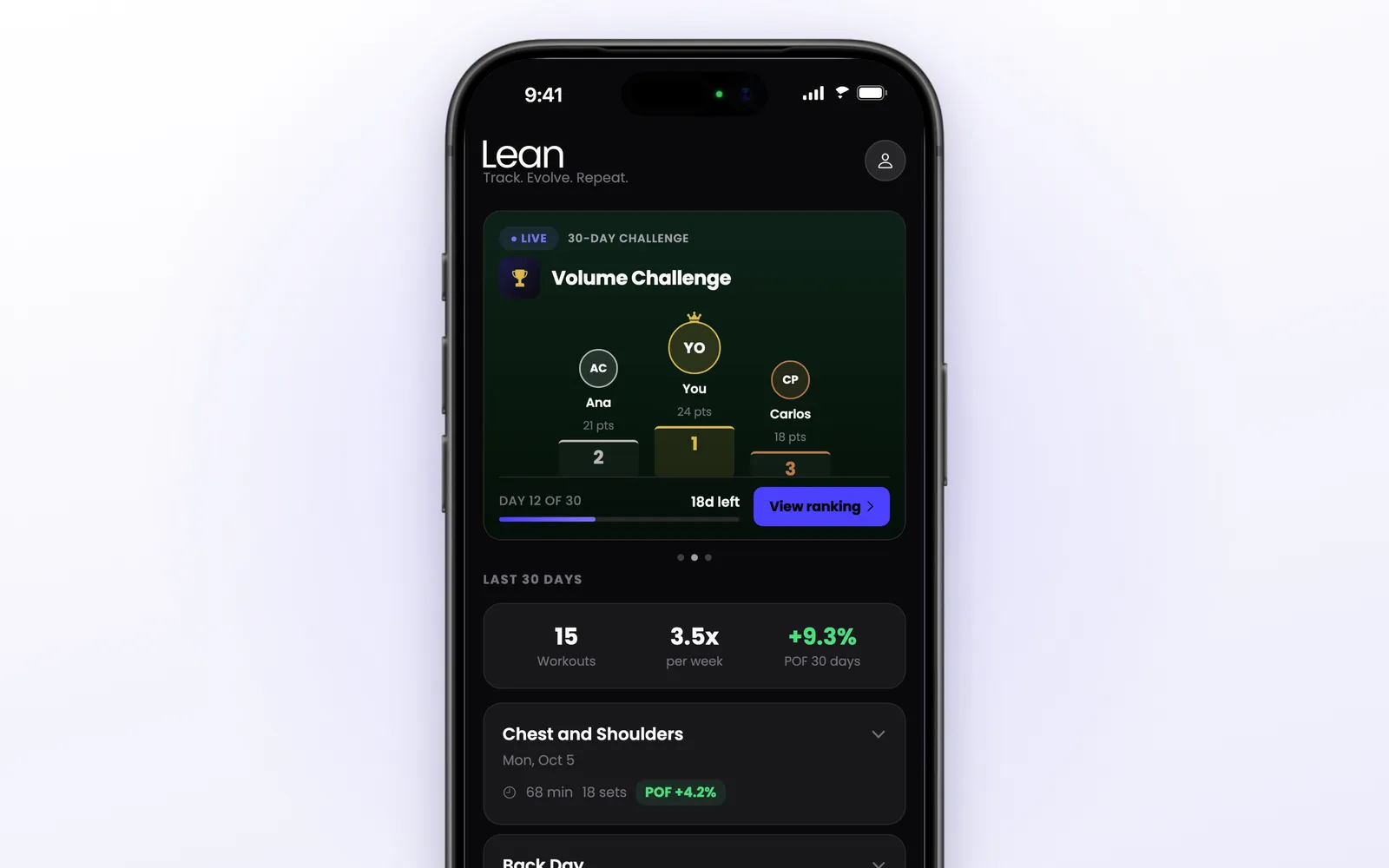 Lean workout challenge with friends on iPhone showing the live leaderboard podium