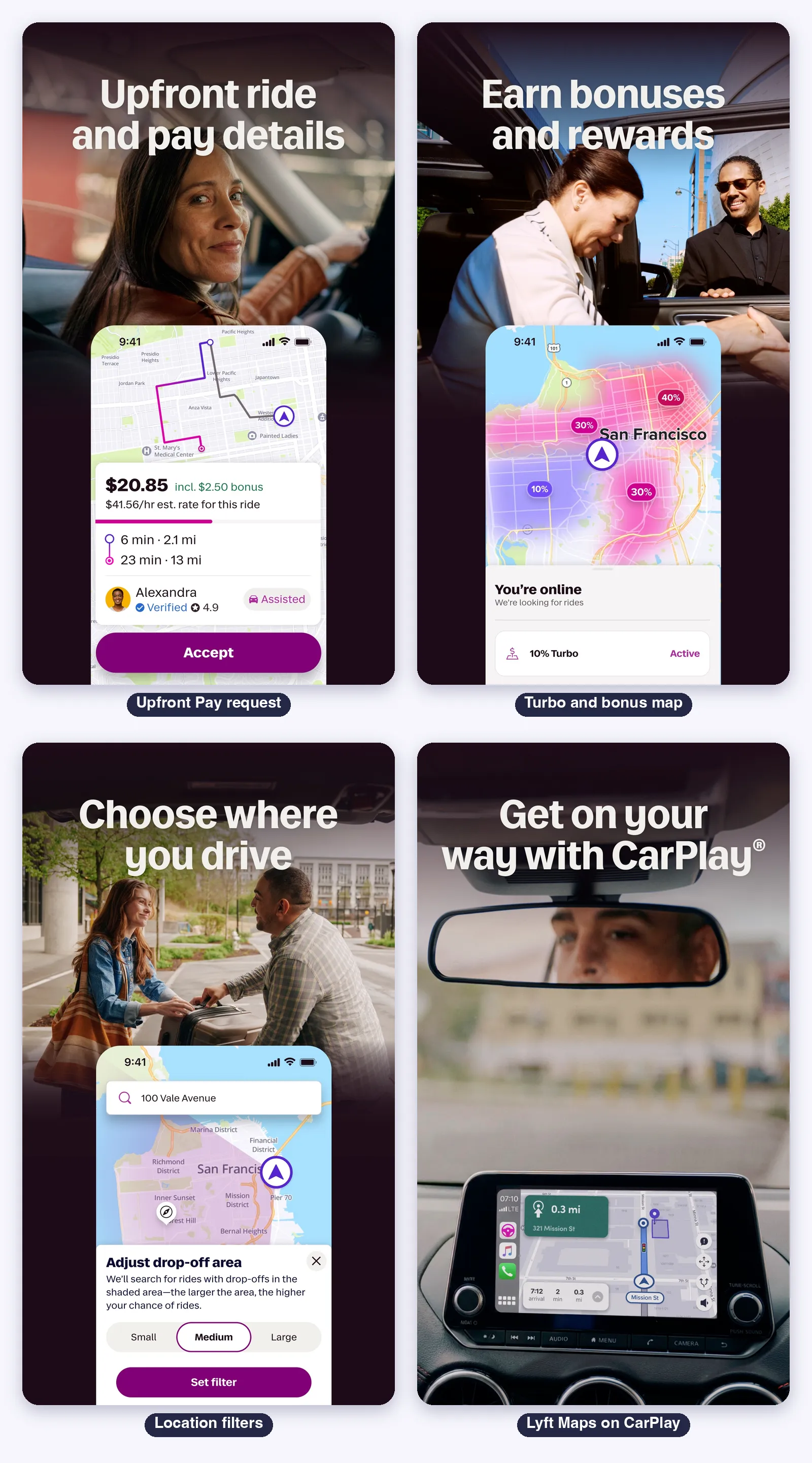 Lyft Driver screens: the Upfront Pay request, the Turbo and bonus map, location filters and Lyft Maps on CarPlay