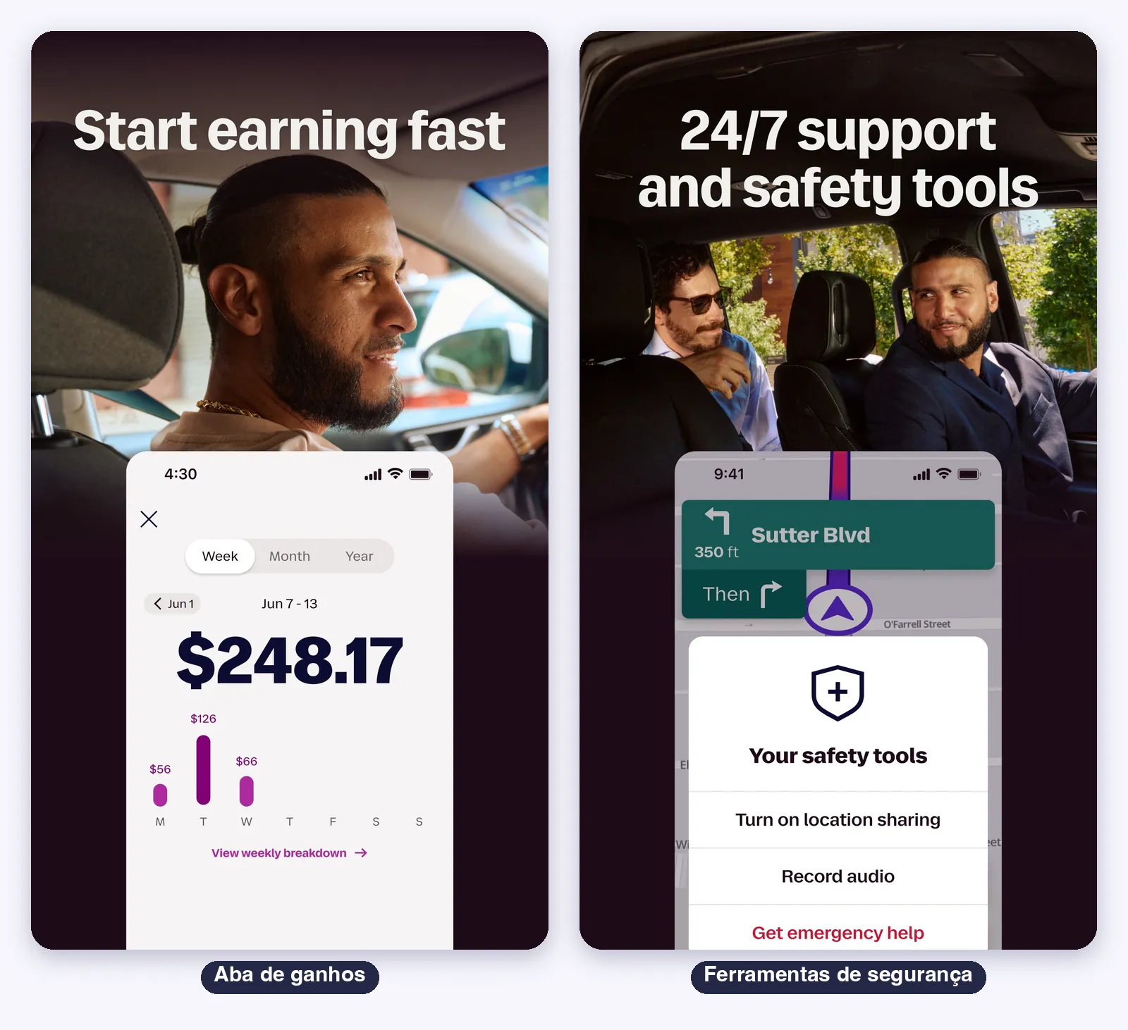 Lyft Driver em uso: o início offline, uma corrida em andamento, as ferramentas de segurança e as formas de pagamento