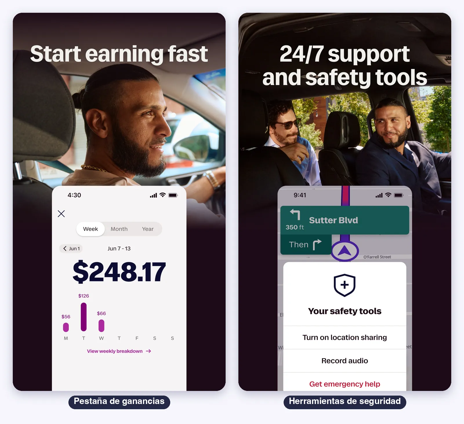 Lyft Driver en uso: el inicio sin conexión, un viaje en curso, las herramientas de seguridad y los métodos de pago
