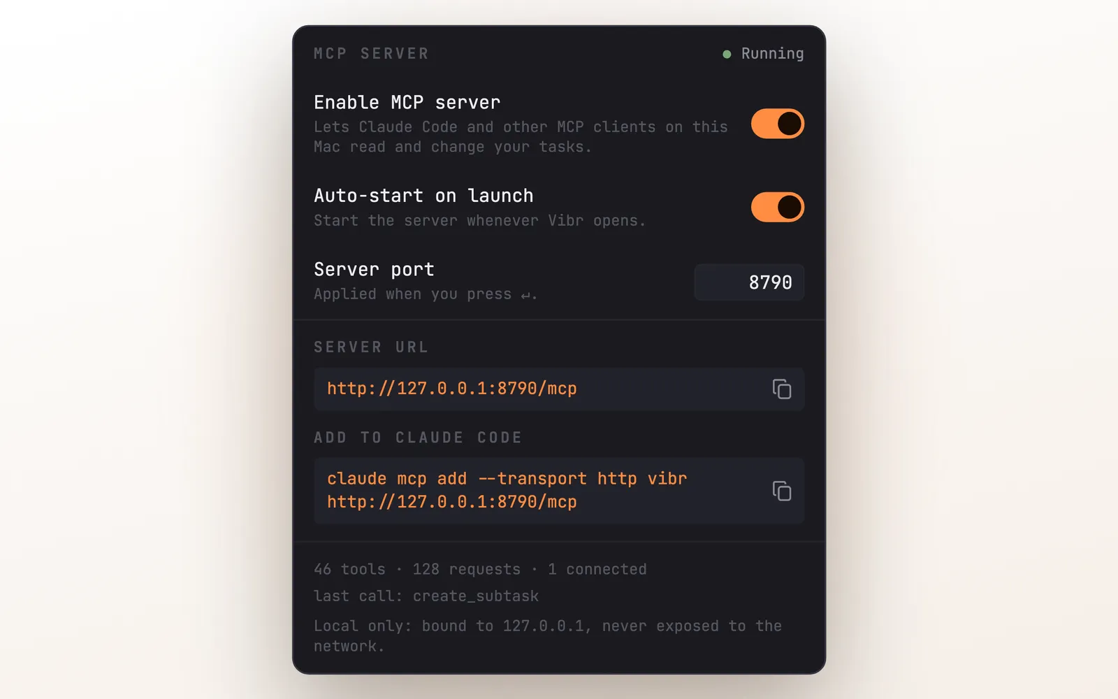 Vibr MCP server panel on Mac with the command to connect Claude Code to the Pomodoro timer and task list