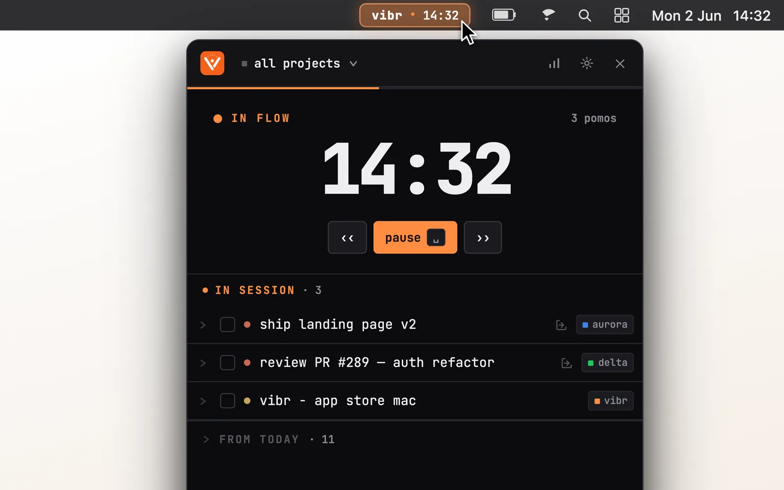 Clicking the Vibr Pomodoro timer in the Mac menu bar to open the focus session panel