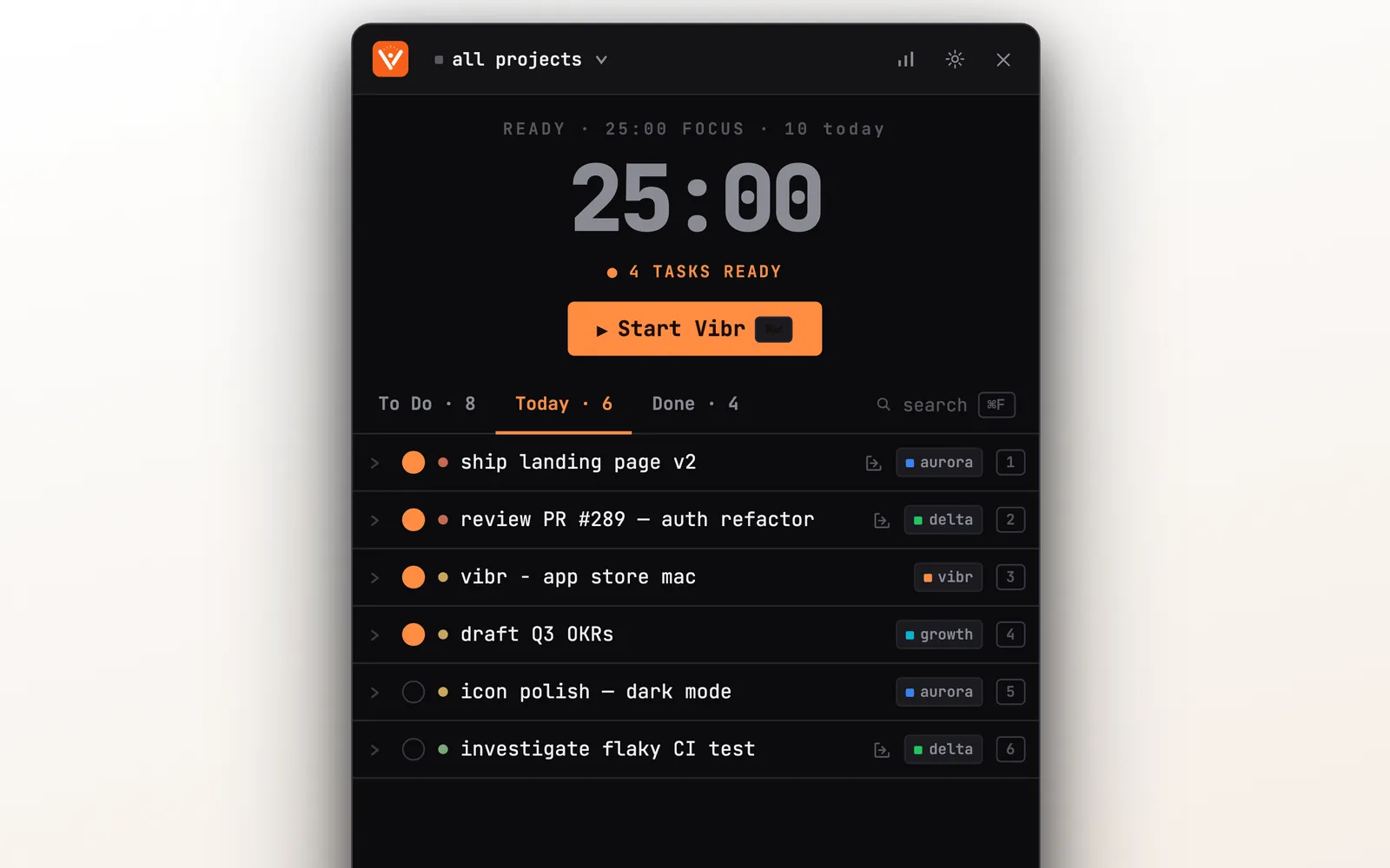 Selecting tasks for a Pomodoro session in Vibr on Mac before starting the focus timer