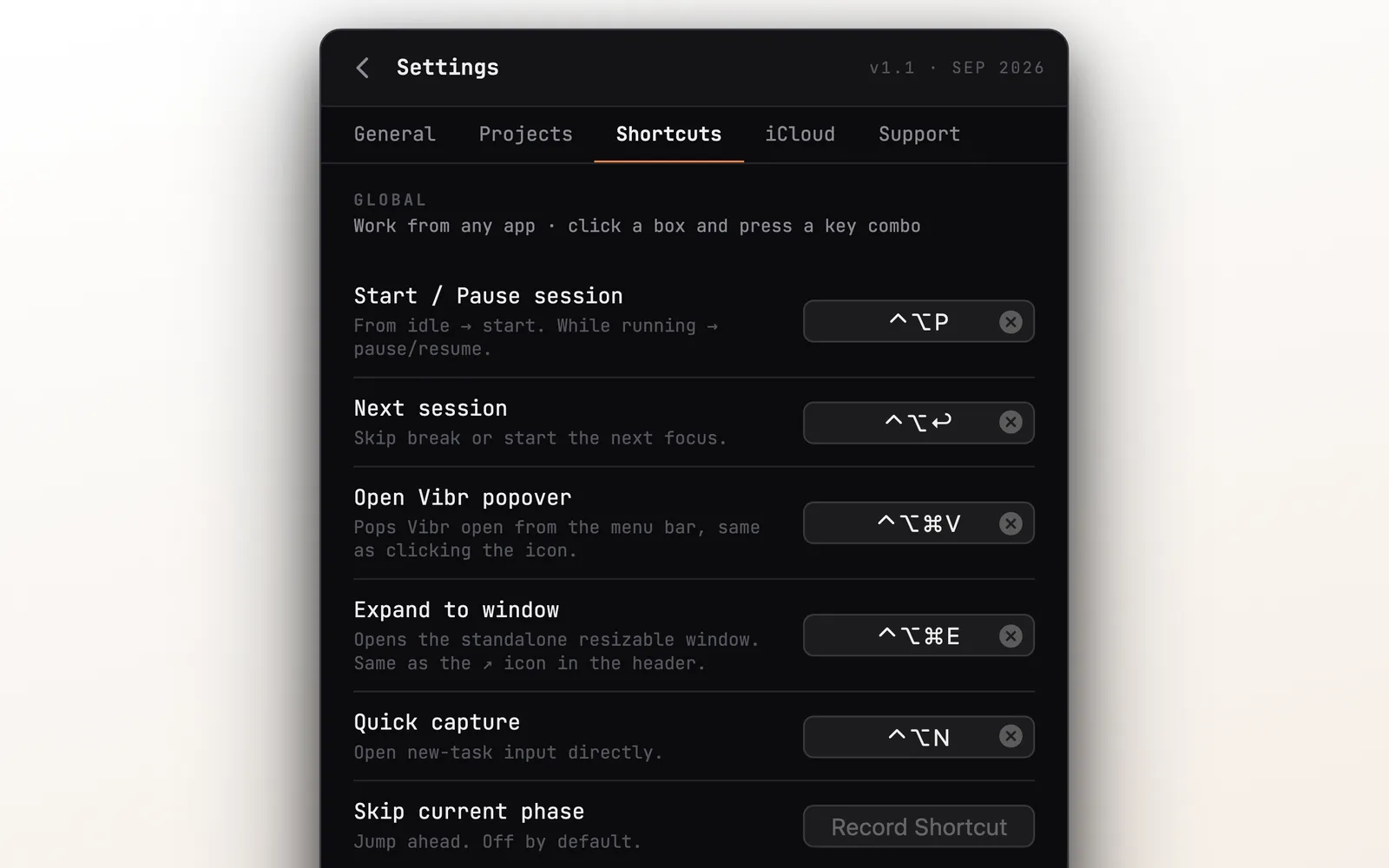 Vibr keyboard shortcuts settings on Mac for the Pomodoro timer: start, pause, next session and quick capture