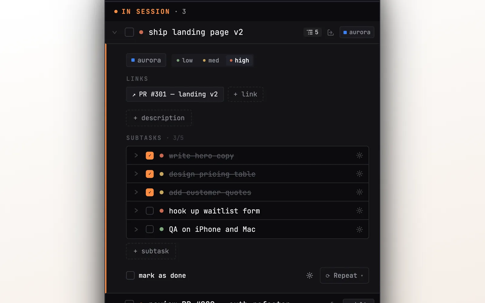 Vibr task with subtasks, links and repeat option in the Mac Pomodoro timer panel