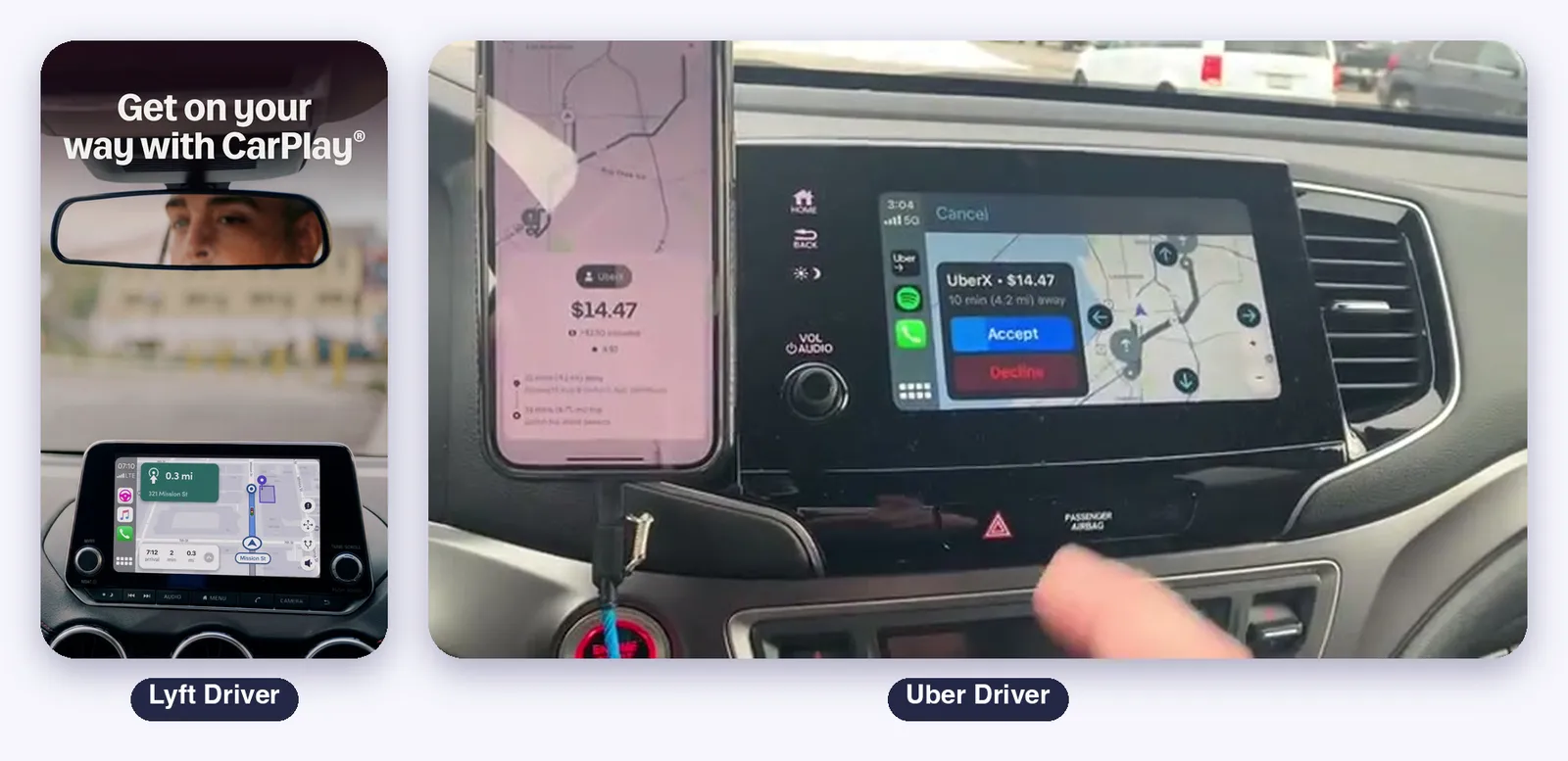 Lyft Driver and Uber Driver on the CarPlay screen of a car