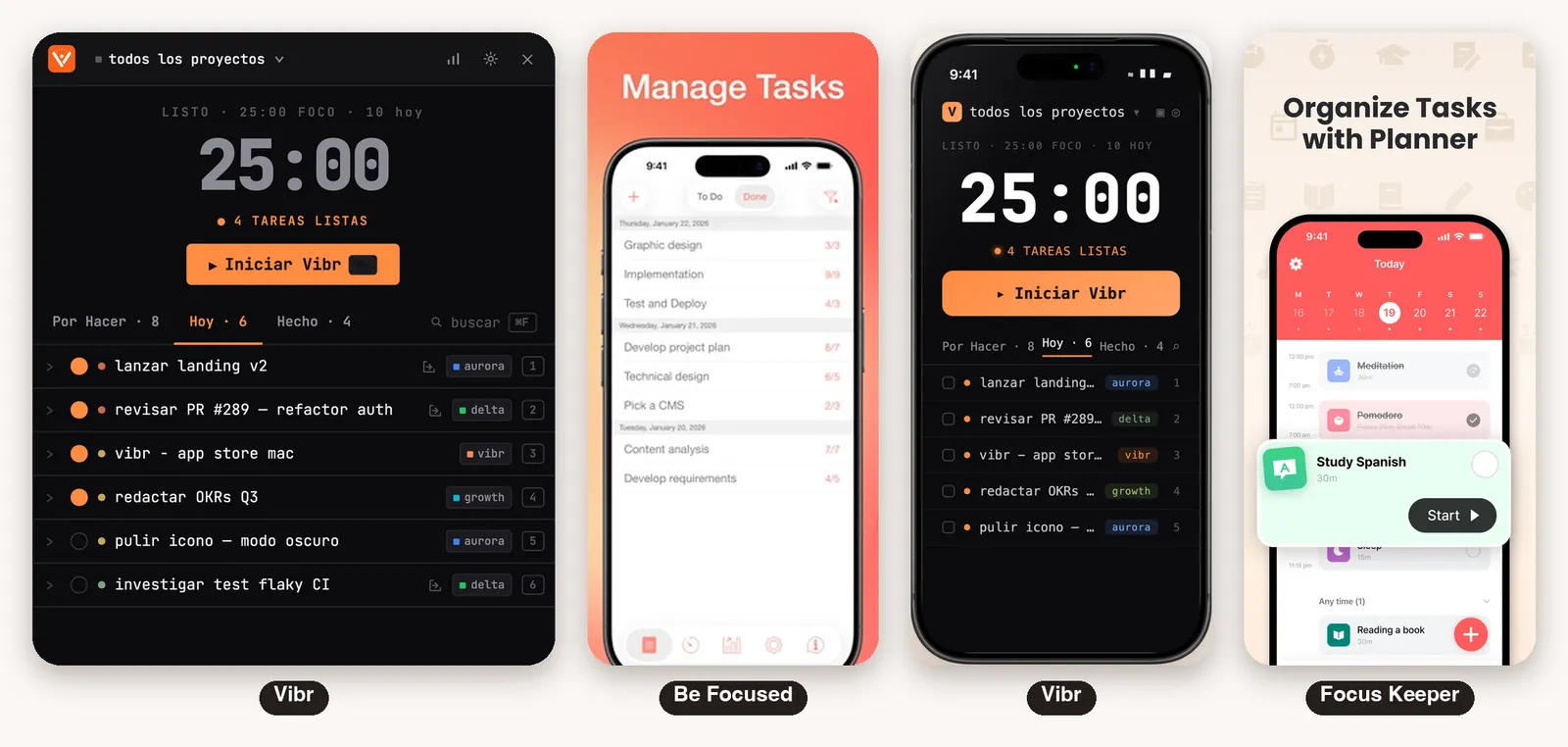 Pantallas de tareas lado a lado: Vibr eligiendo tareas para la siguiente sesión en Mac y iPhone, la lista de tareas de Be Focused con intervalos y el planificador de Focus Keeper