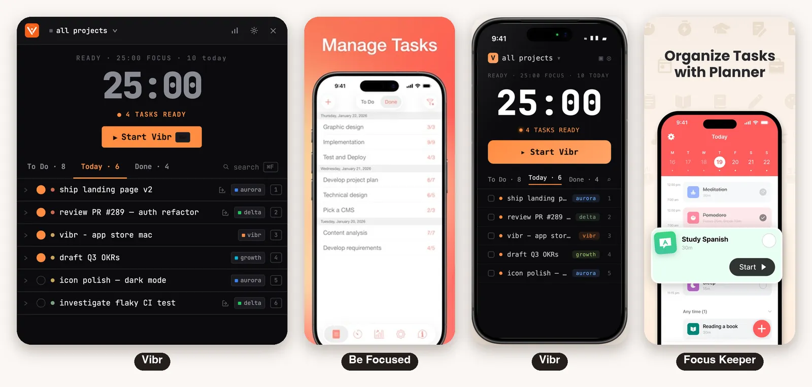 Task screens side by side: Vibr picking tasks for the next session on Mac and iPhone, the Be Focused task list with intervals, and the Focus Keeper planner