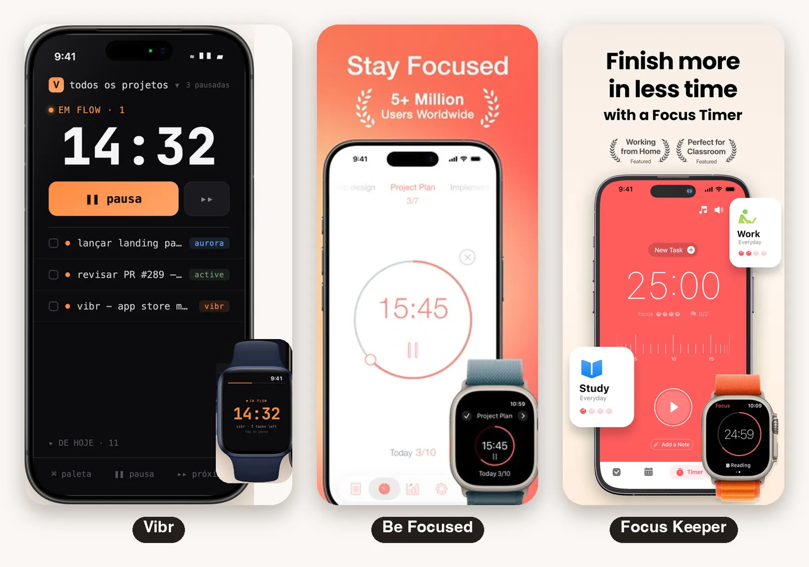 Telas do timer lado a lado: o Vibr no iPhone com a sessão de foco rodando, o Be Focused com o Apple Watch e o disco em régua do Focus Keeper